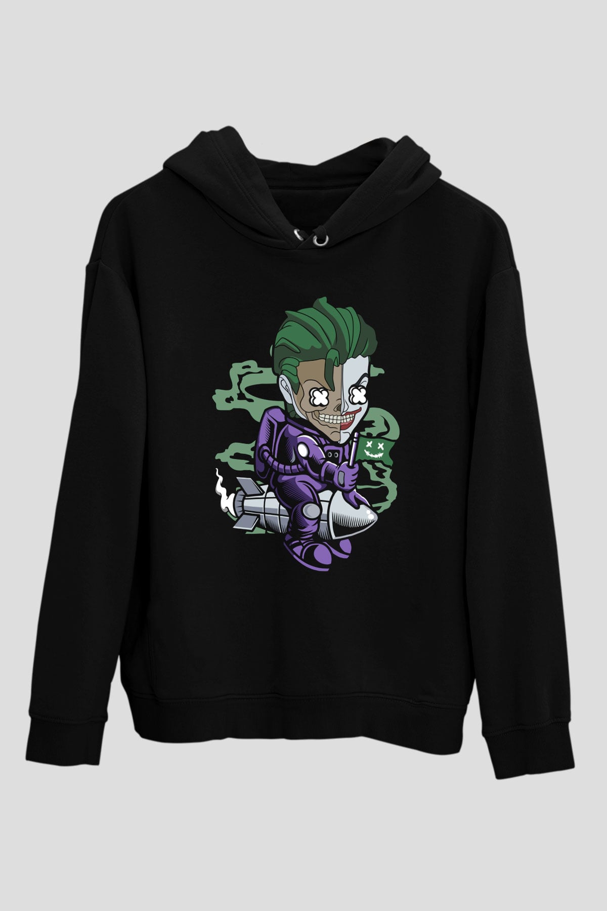 Joker Riding Rocket Baskılı Unisex Siyah Hoodie