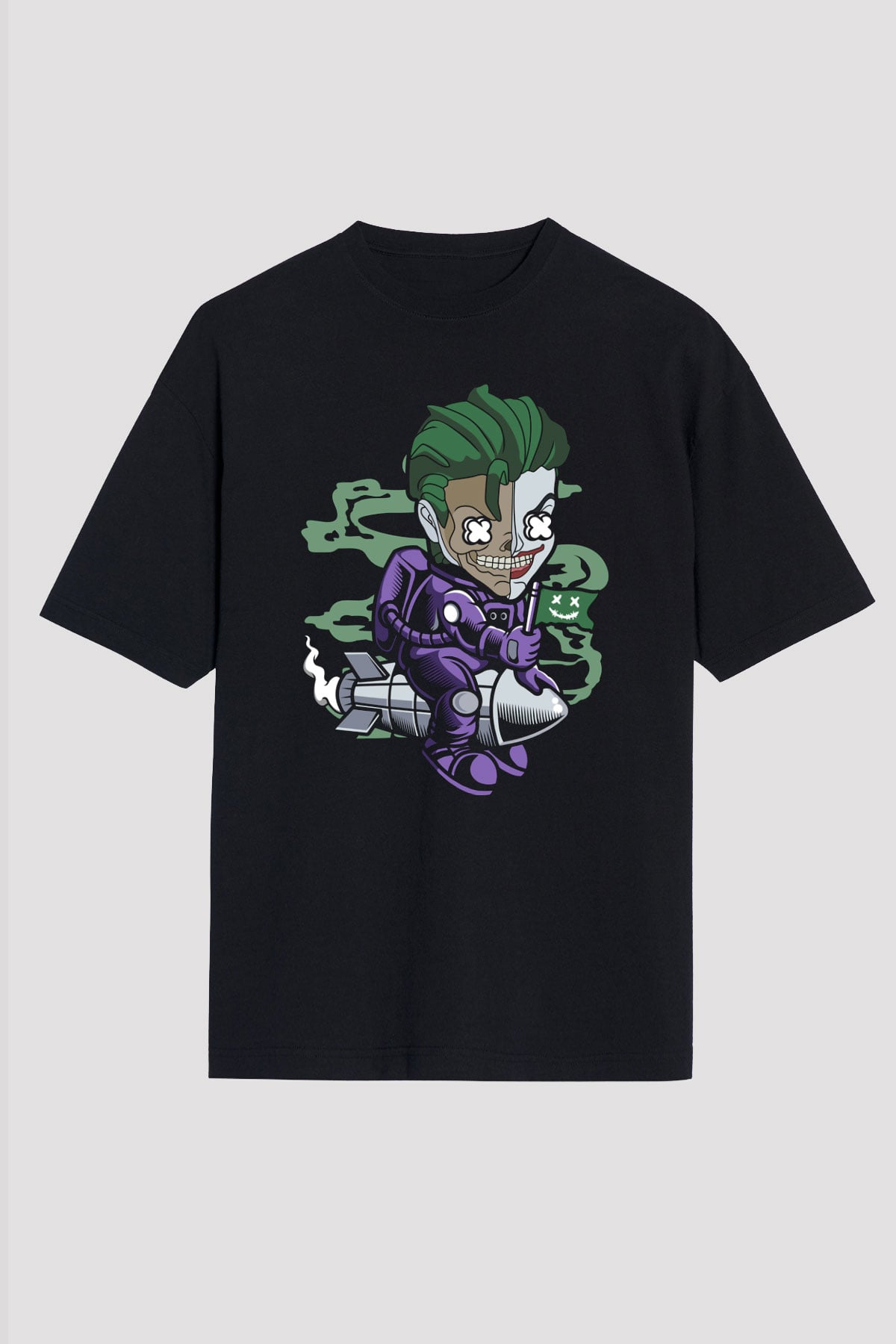 Joker Riding Rocket Baskılı Unisex Siyah Oversize Tişört