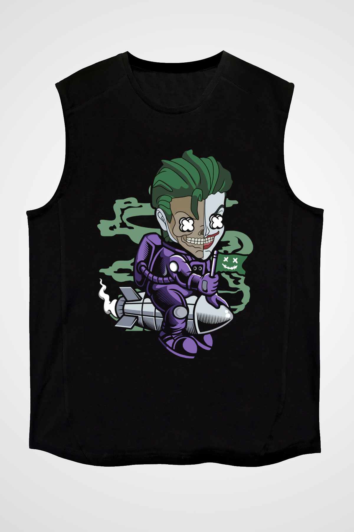 Joker Riding Rocket Baskılı Unisex Siyah Kolsuz Tişört