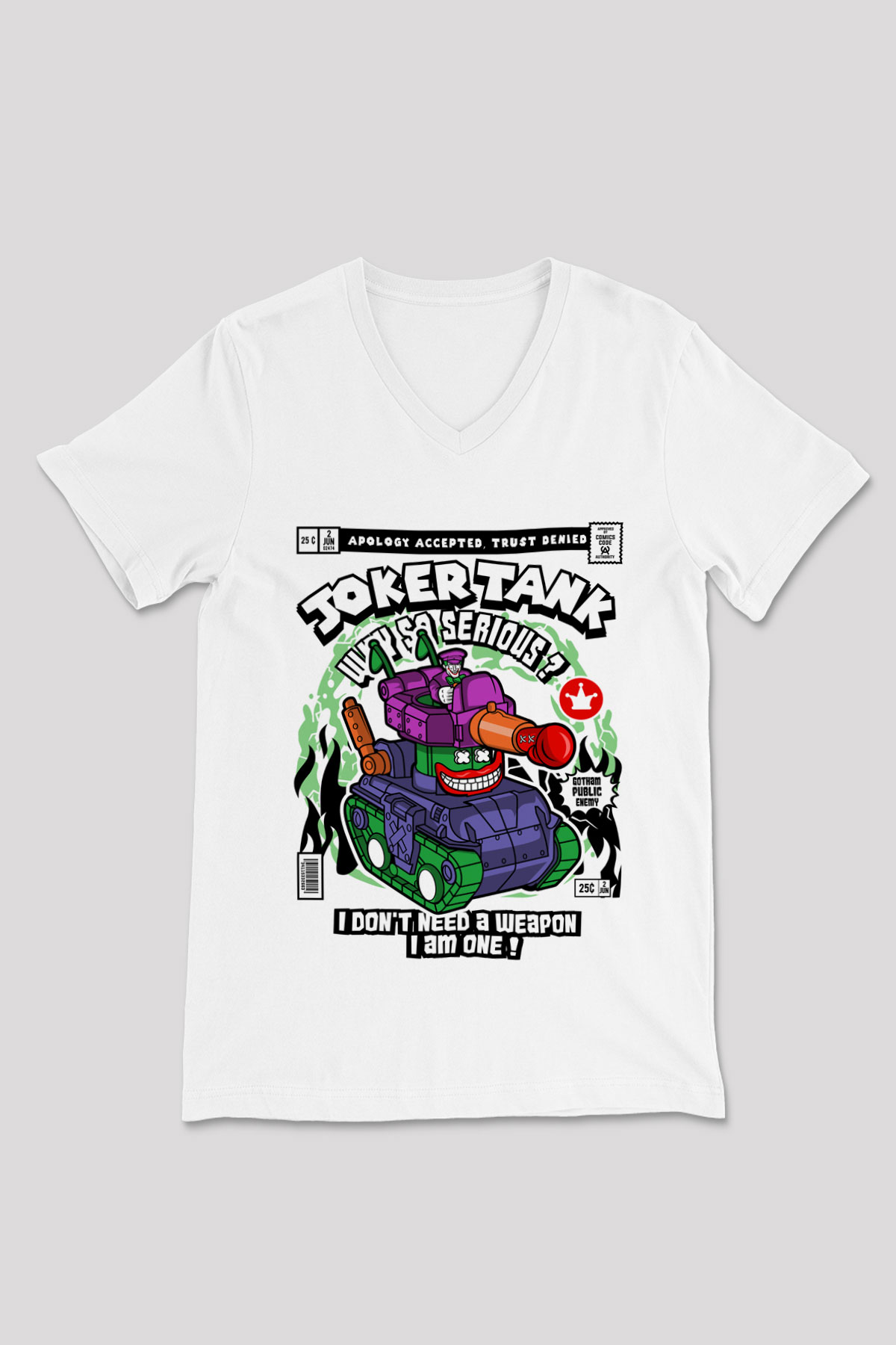 Joker Tank Baskılı Unisex Beyaz V Yaka Tişört