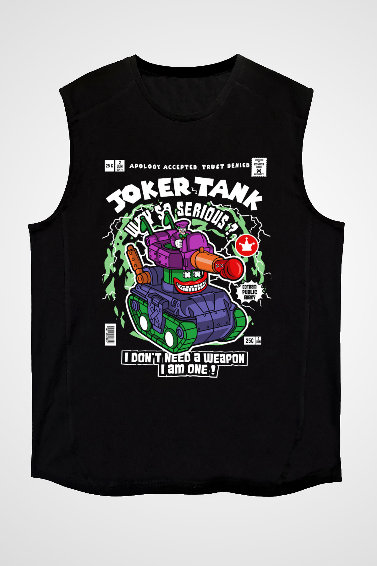 Joker Tank Baskılı Unisex Siyah Kolsuz Tişört