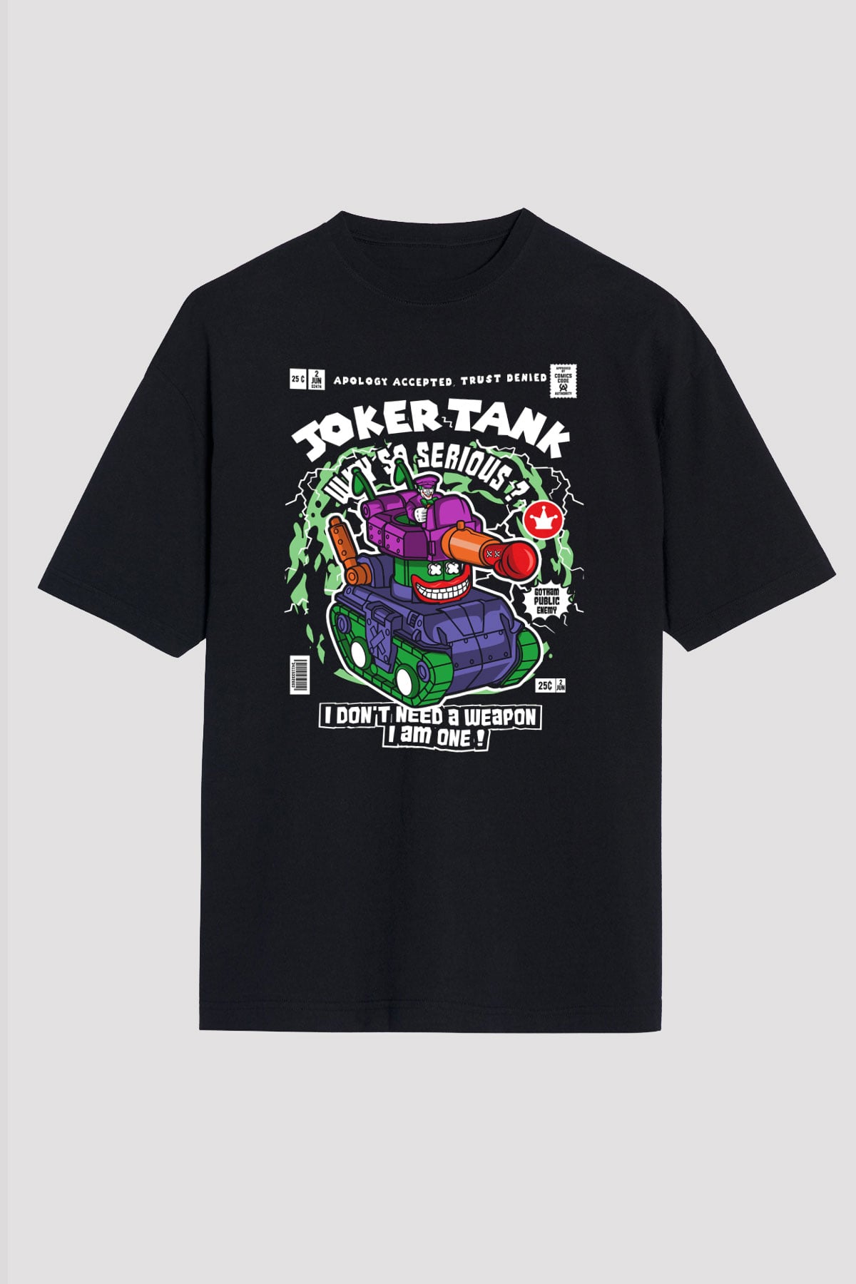 Joker Tank Baskılı Unisex Siyah Oversize Tişört