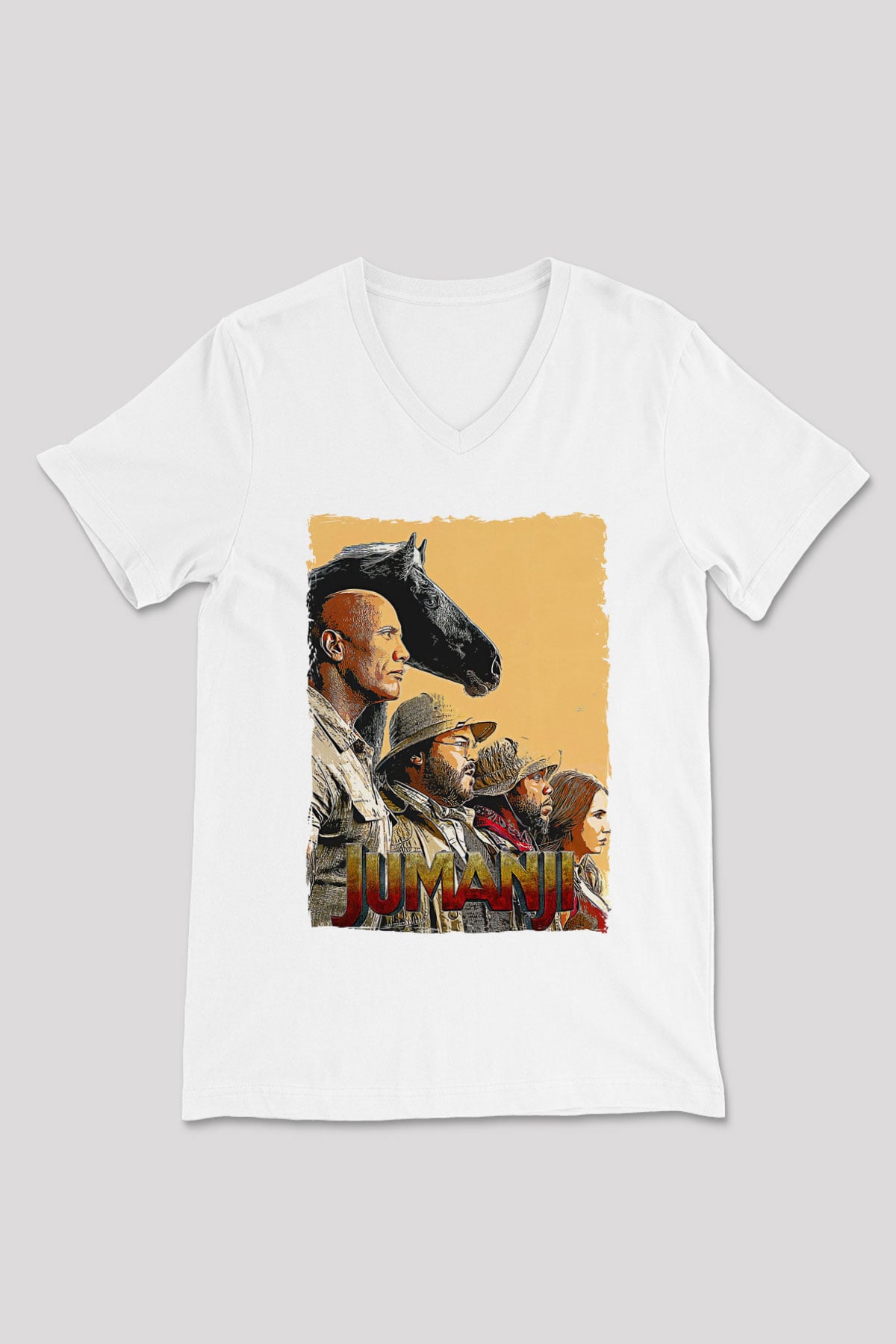 Jumanji Baskılı Beyaz Unisex V Yaka Tişört - Tshirt