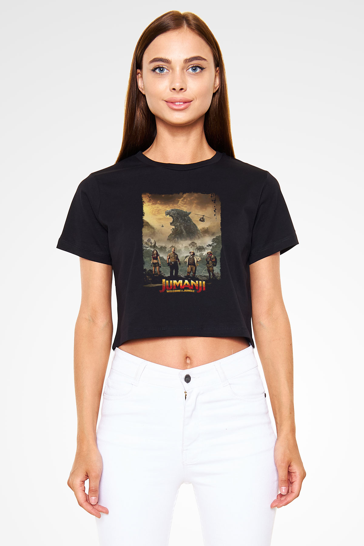 Jumanji Baskılı Siyah Crop Top Kadın Tişört - Tshirt