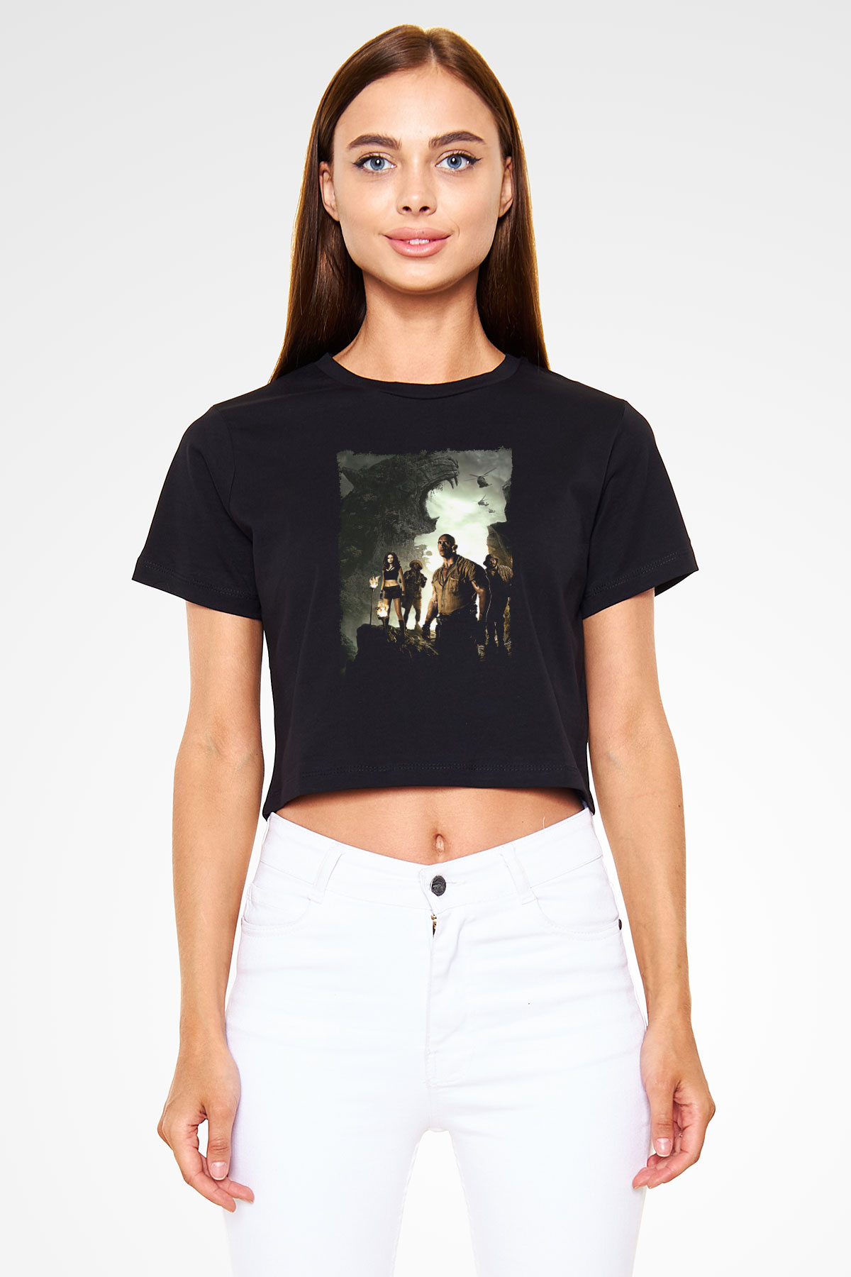 Jumanji Baskılı Siyah Crop Top Kadın Tişört - Tshirt