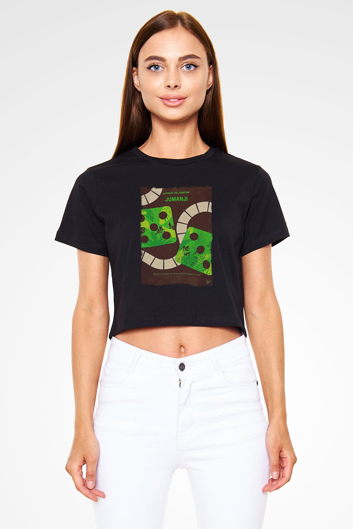 Jumanji Baskılı Siyah Crop Top Kadın Tişört - Tshirt