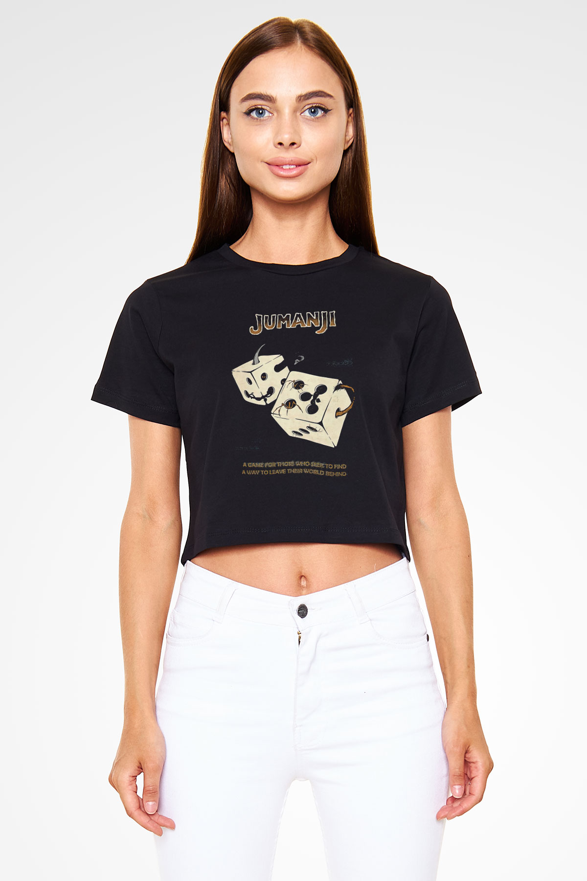 Jumanji Baskılı Siyah Crop Top Kadın Tişört - Tshirt