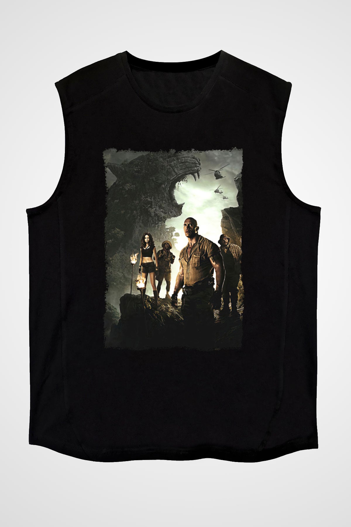 Jumanji Baskılı Unisex Siyah Kolsuz Tişört - Tshirt
