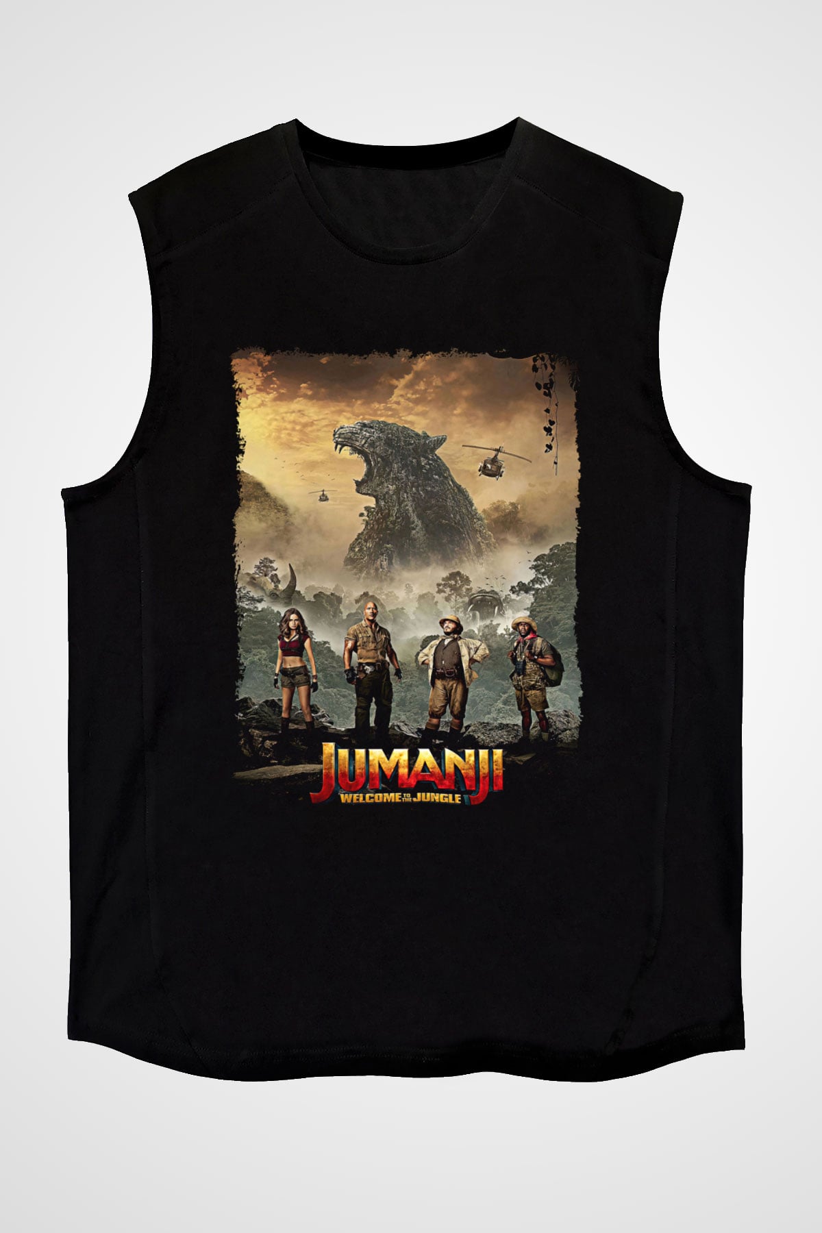 Jumanji Baskılı Unisex Siyah Kolsuz Tişört - Tshirt