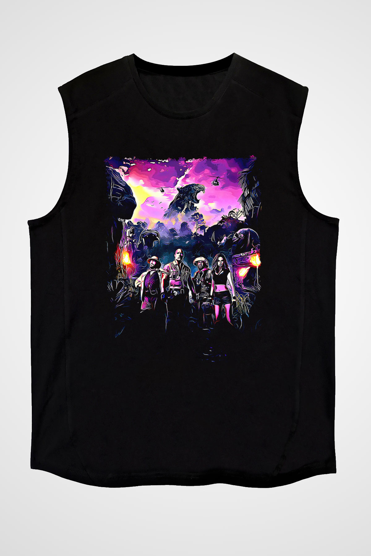 Jumanji Baskılı Unisex Siyah Kolsuz Tişört - Tshirt