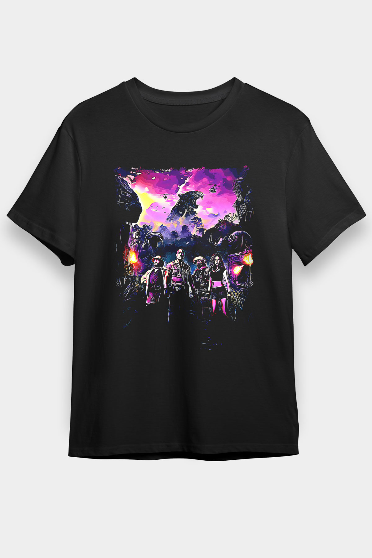 Jumanji Baskılı Unisex Siyah Tişört - Tshirt