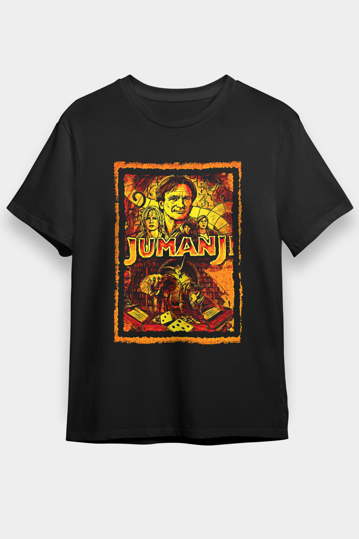 Jumanji Baskılı Unisex Siyah Tişört - Tshirt