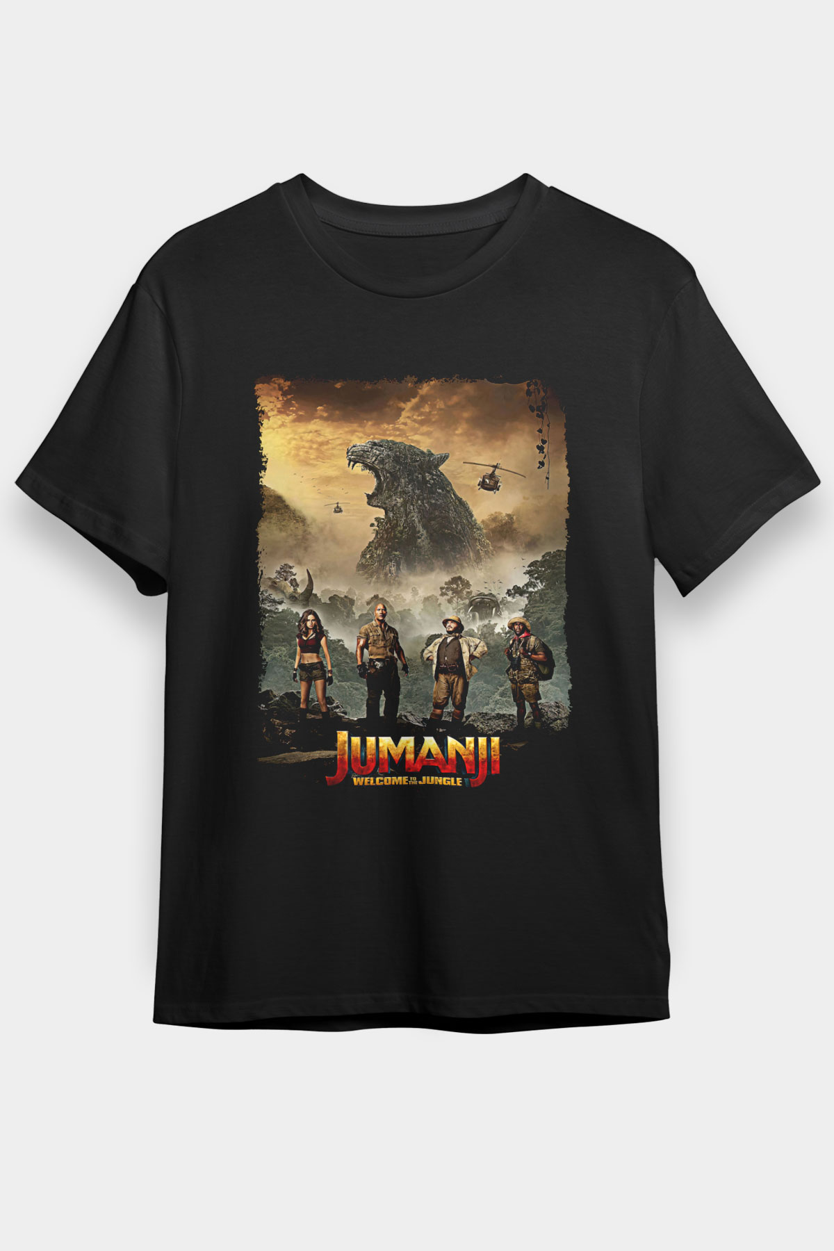 Jumanji Baskılı Unisex Siyah Tişört - Tshirt