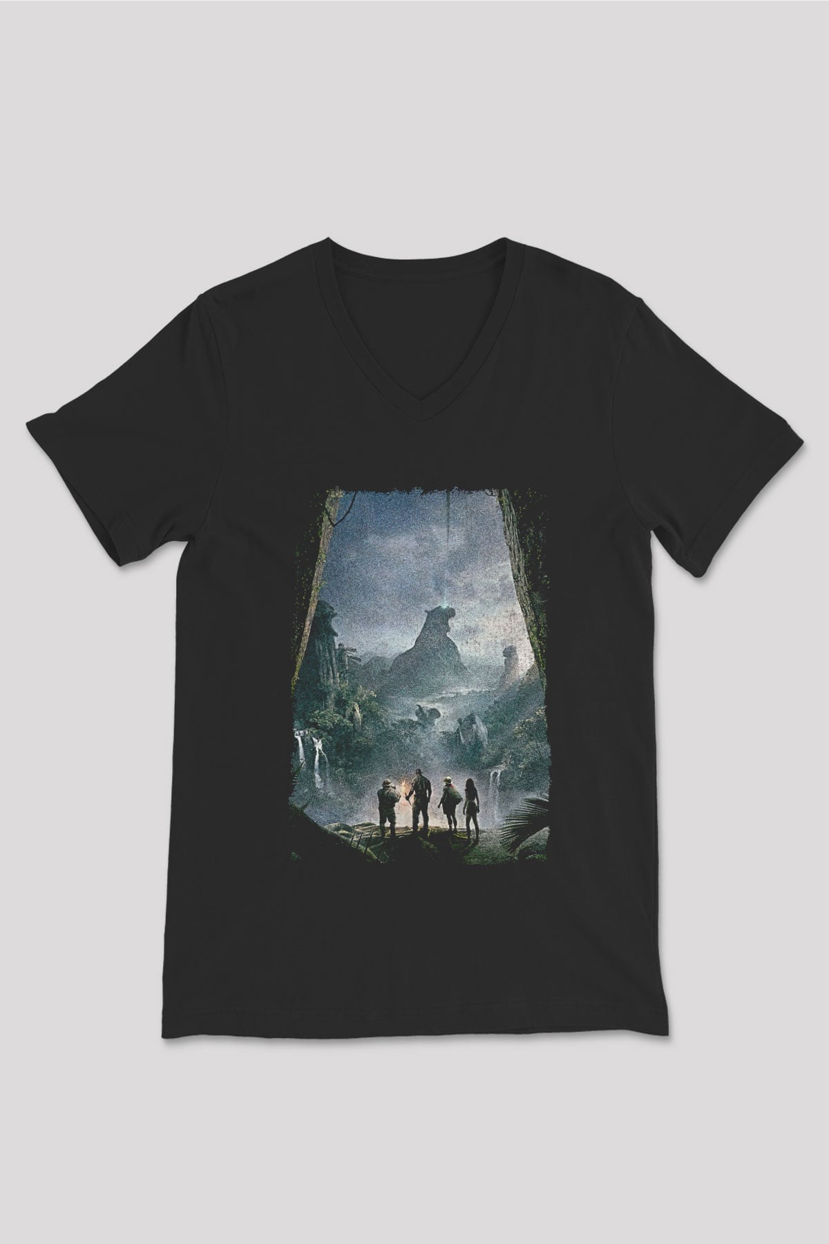 Jumanji Baskılı Unisex Siyah V Yaka Tişört - Tshirt