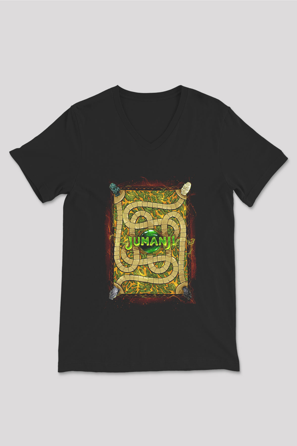Jumanji Baskılı Unisex Siyah V Yaka Tişört - Tshirt