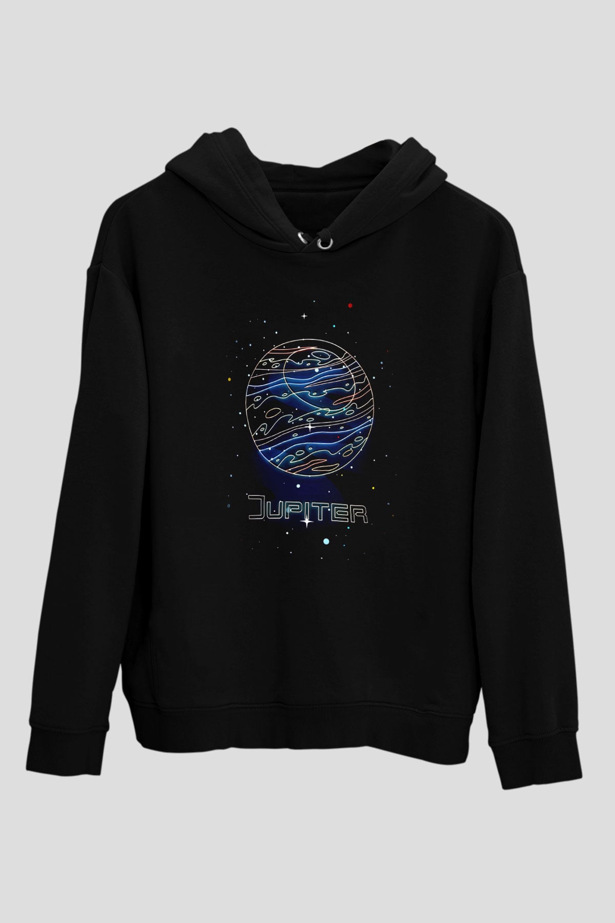 Jüpiter Çizim Baskılı Unisex Siyah Hoodie