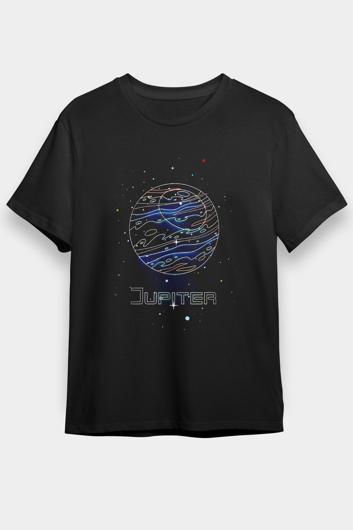 Jüpiter Çizim Baskılı Unisex Siyah Tişört - Tshirt