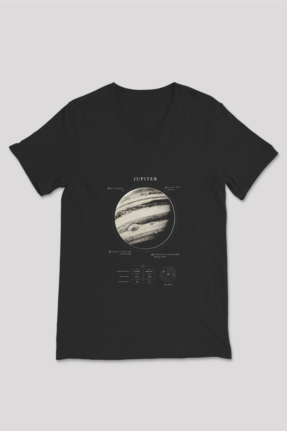 Jüpiter Fiziksel Özellikleri Baskılı Unisex V Yaka Siyah Tİşört - Tshirt