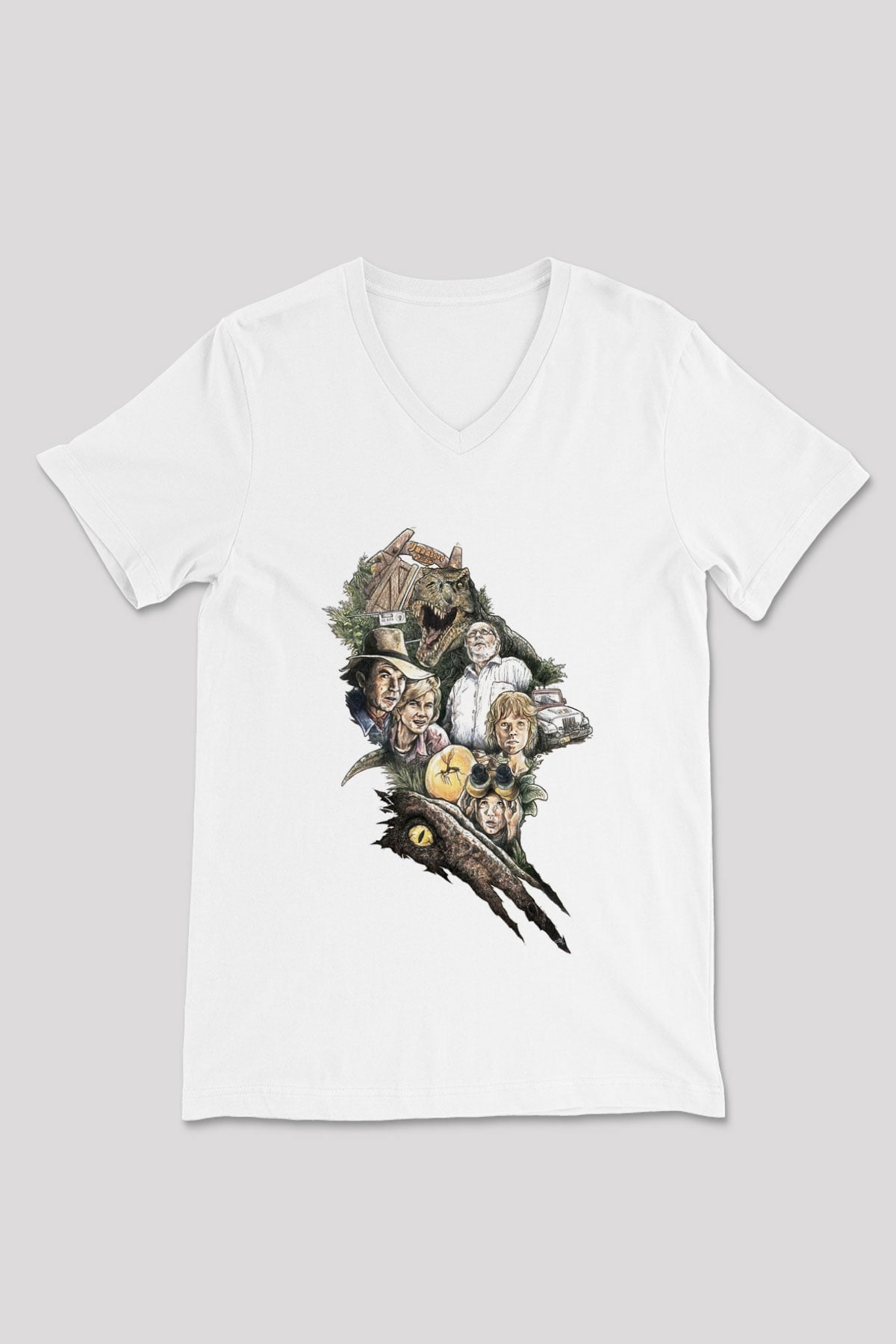 Jurassic Park Beyaz Unisex V Yaka Tişört T-Shirt