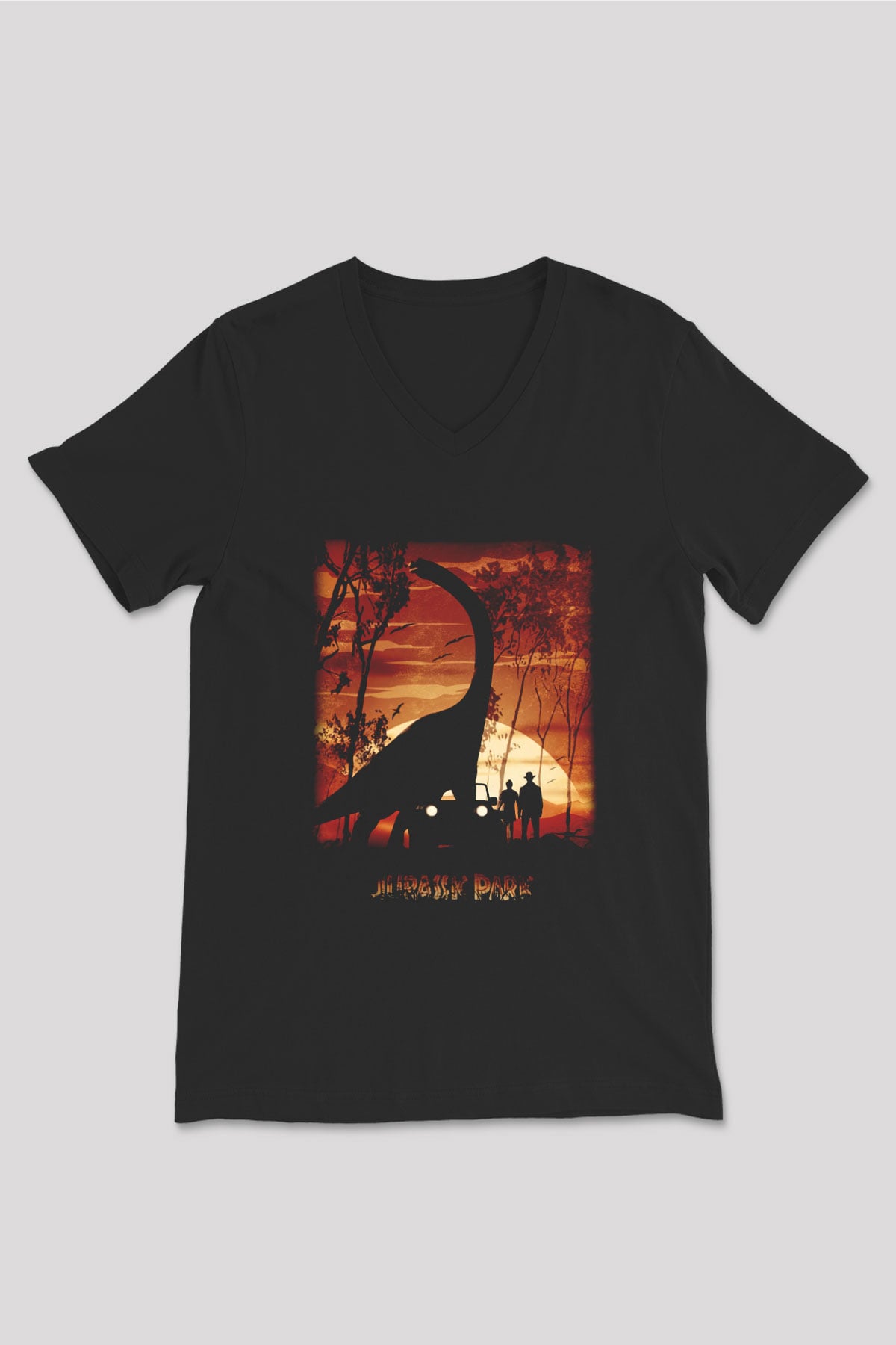 Jurassic Park Siyah Unisex V Yaka Tişört T-Shirt