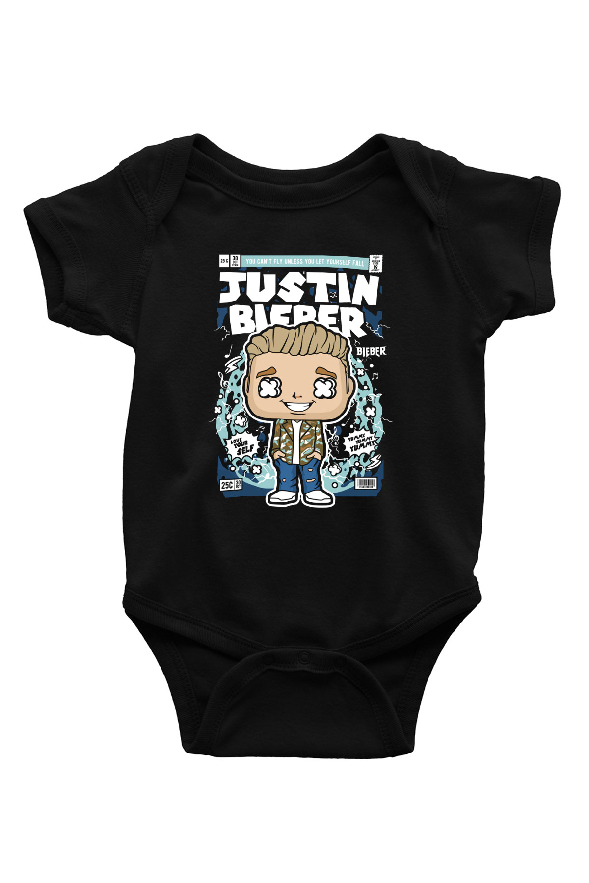 Justin Bieber Baskılı Unisex Siyah Bebek Body - Zıbın