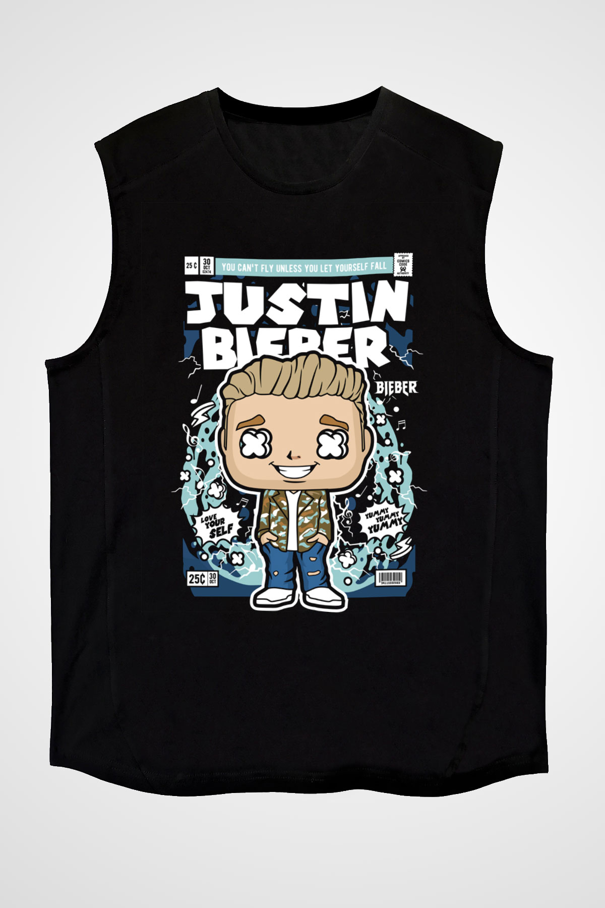 Justin Bieber Baskılı Unisex Siyah Kolsuz Tişört
