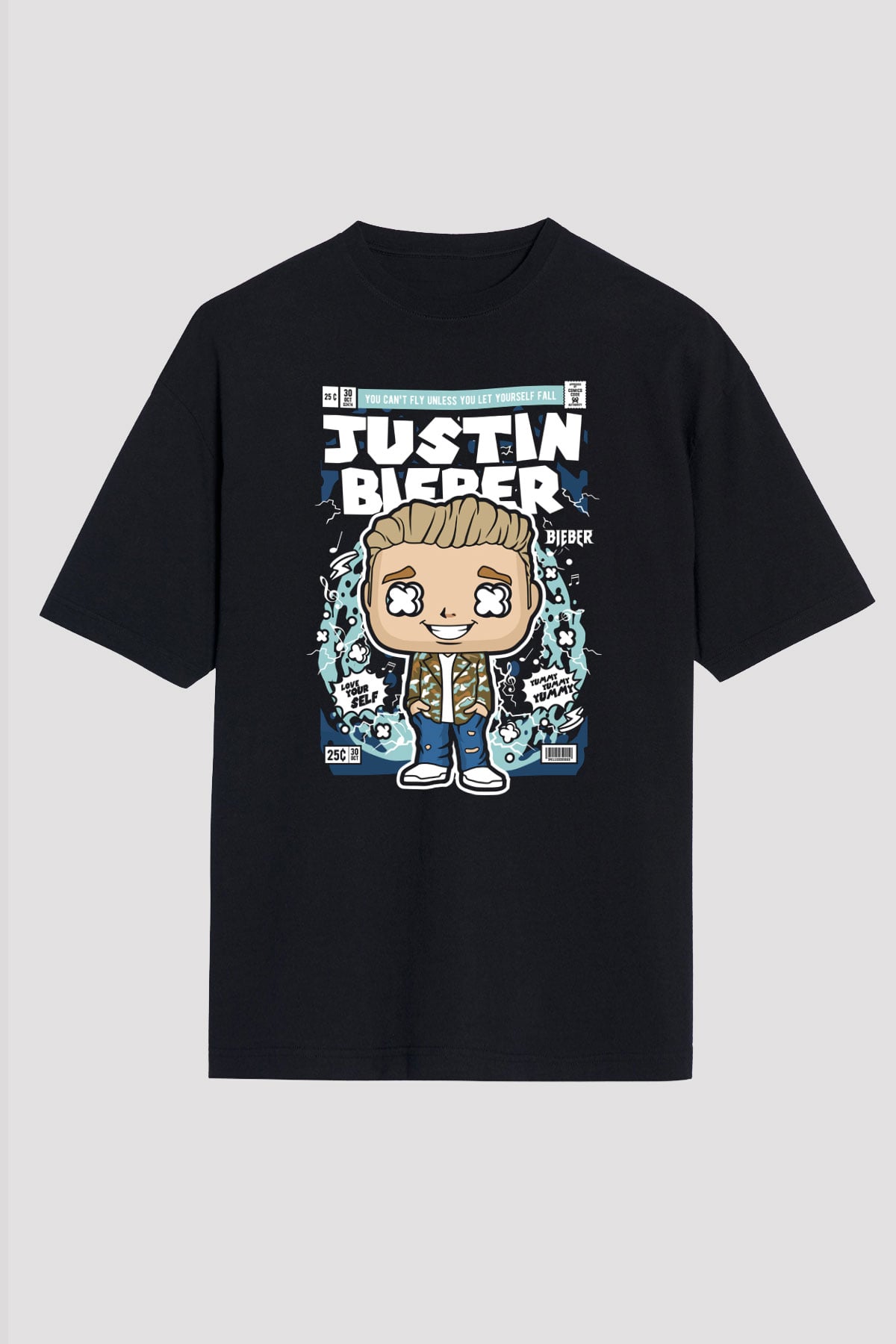 Justin Bieber Baskılı Unisex Siyah Oversize Tişört