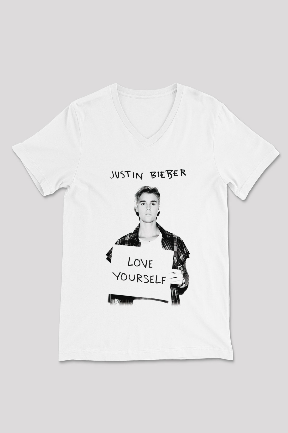 Justin Bieber Beyaz Unisex V Yaka Tişört T-Shirt