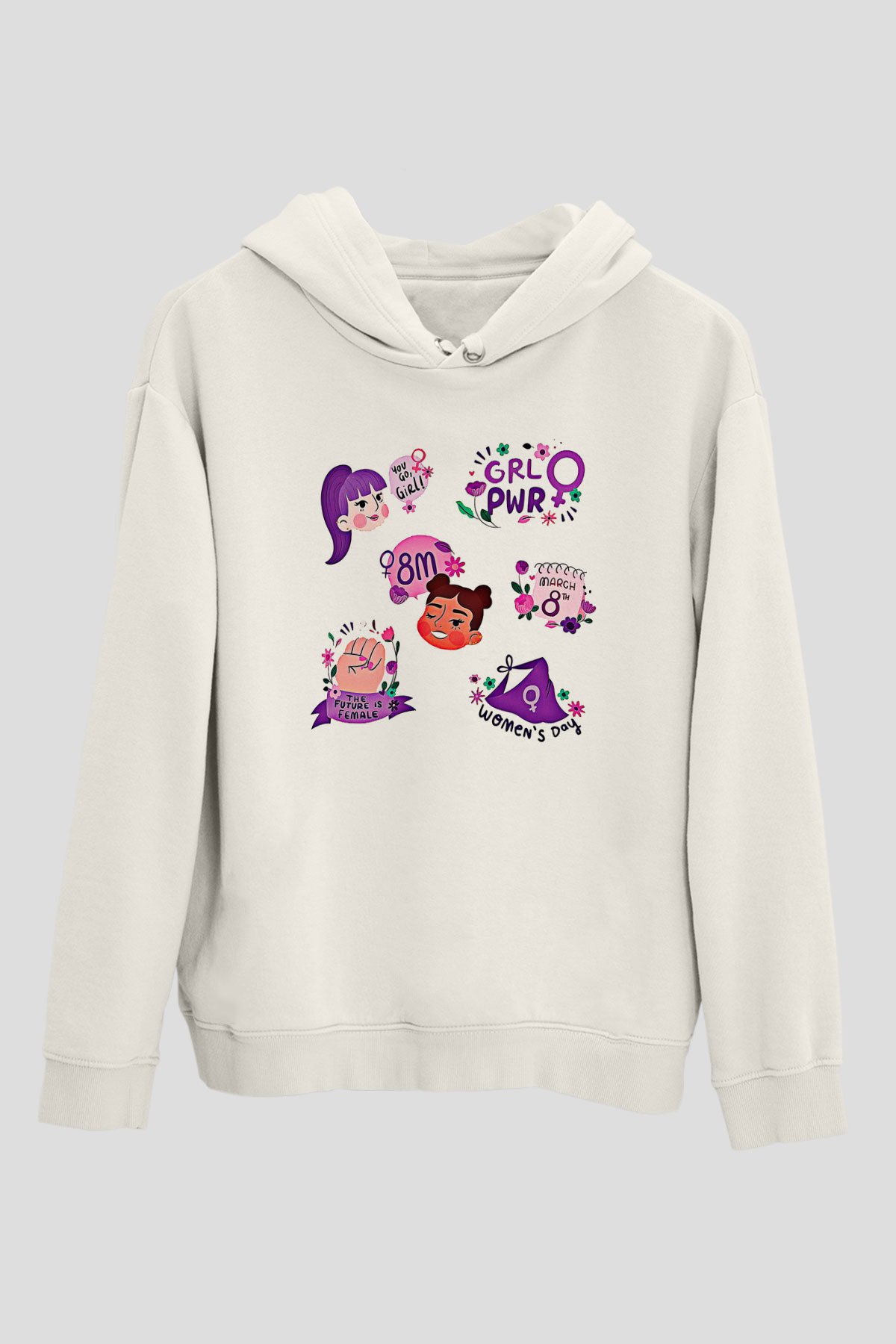 Kadınlar Günü Baskılı Beyaz Unisex Kapüşonlu Sweatshirt