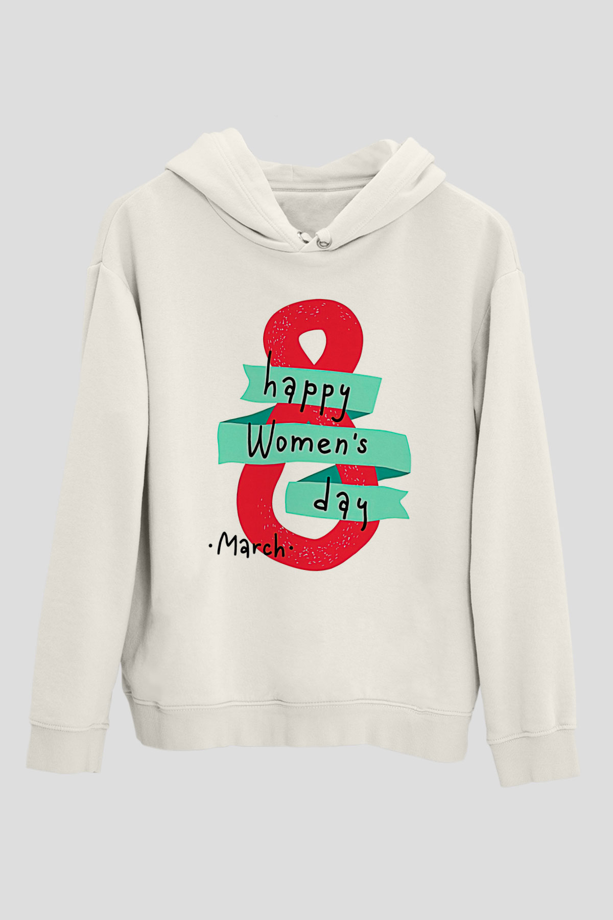 Kadınlar Günü Baskılı Beyaz Unisex Kapüşonlu Sweatshirt