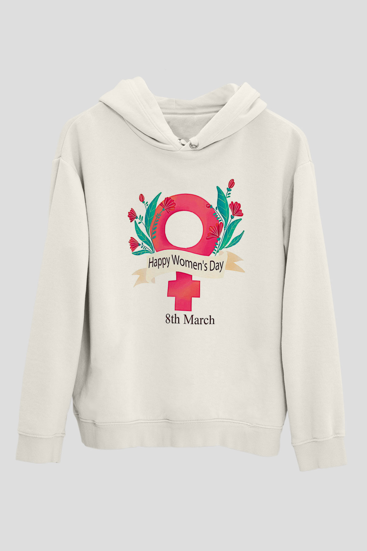 Kadınlar Günü Baskılı Beyaz Unisex Kapüşonlu Sweatshirt
