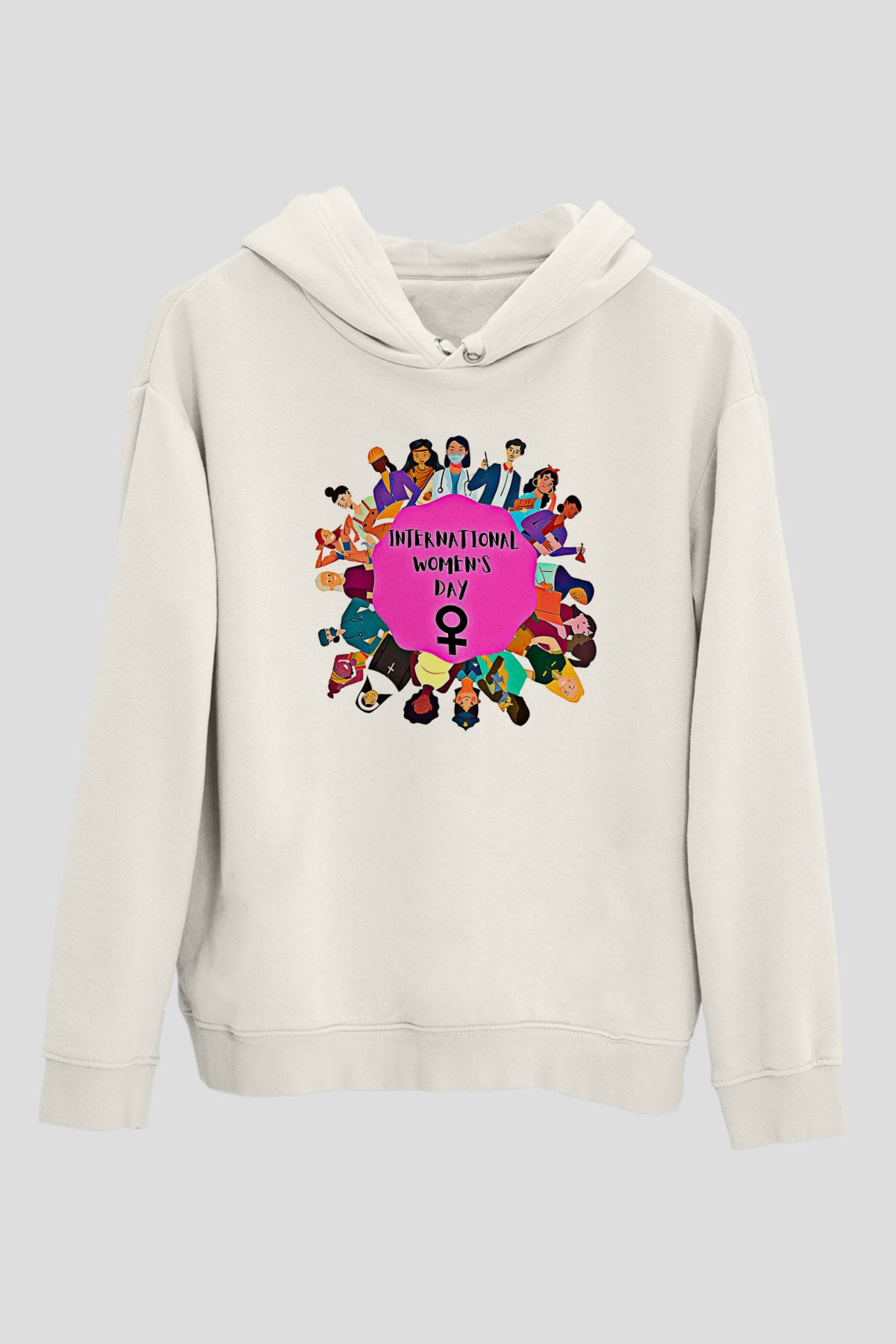 Kadınlar Günü Baskılı Beyaz Unisex Kapüşonlu Sweatshirt
