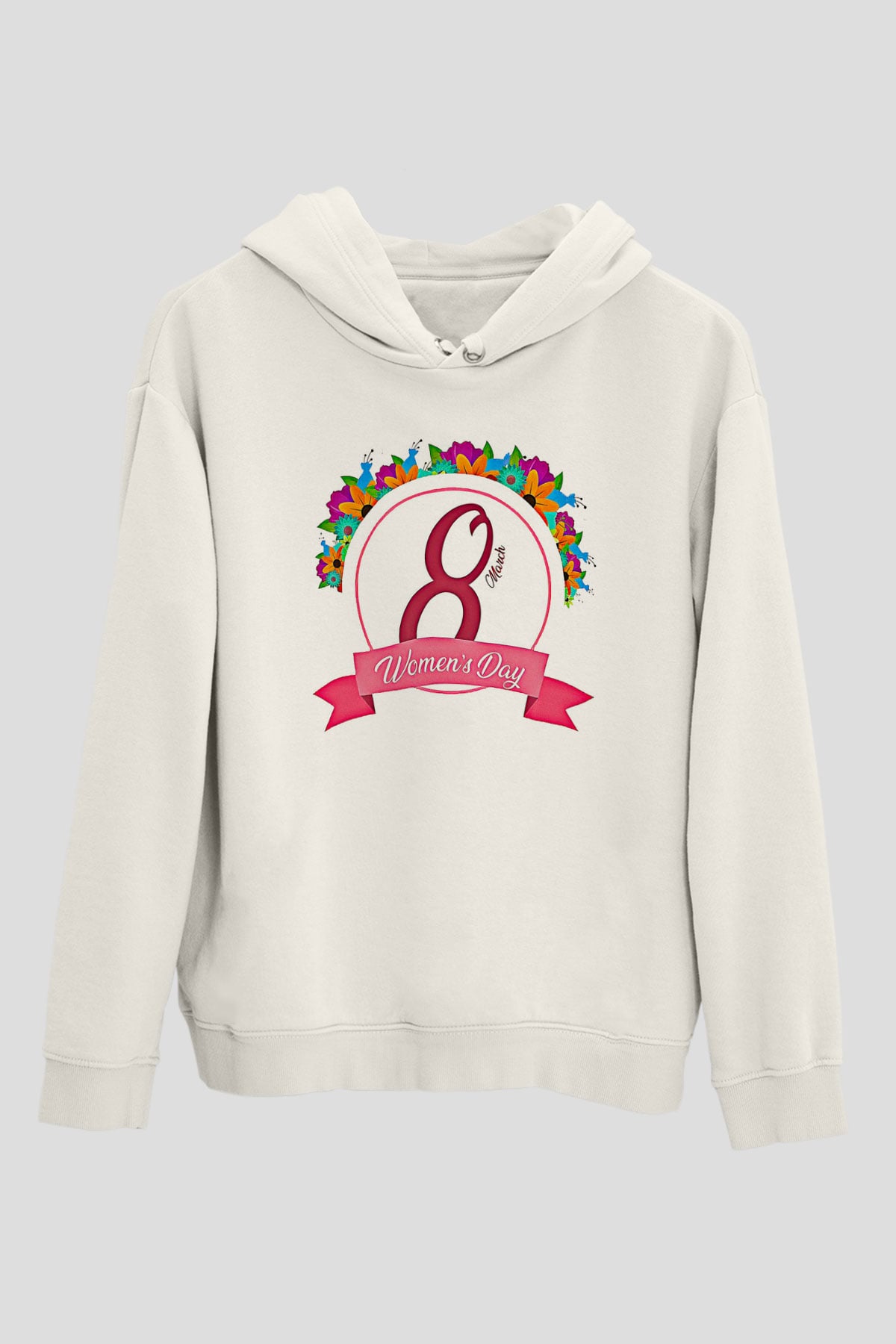Kadınlar Günü Baskılı Beyaz Unisex Kapüşonlu Sweatshirt