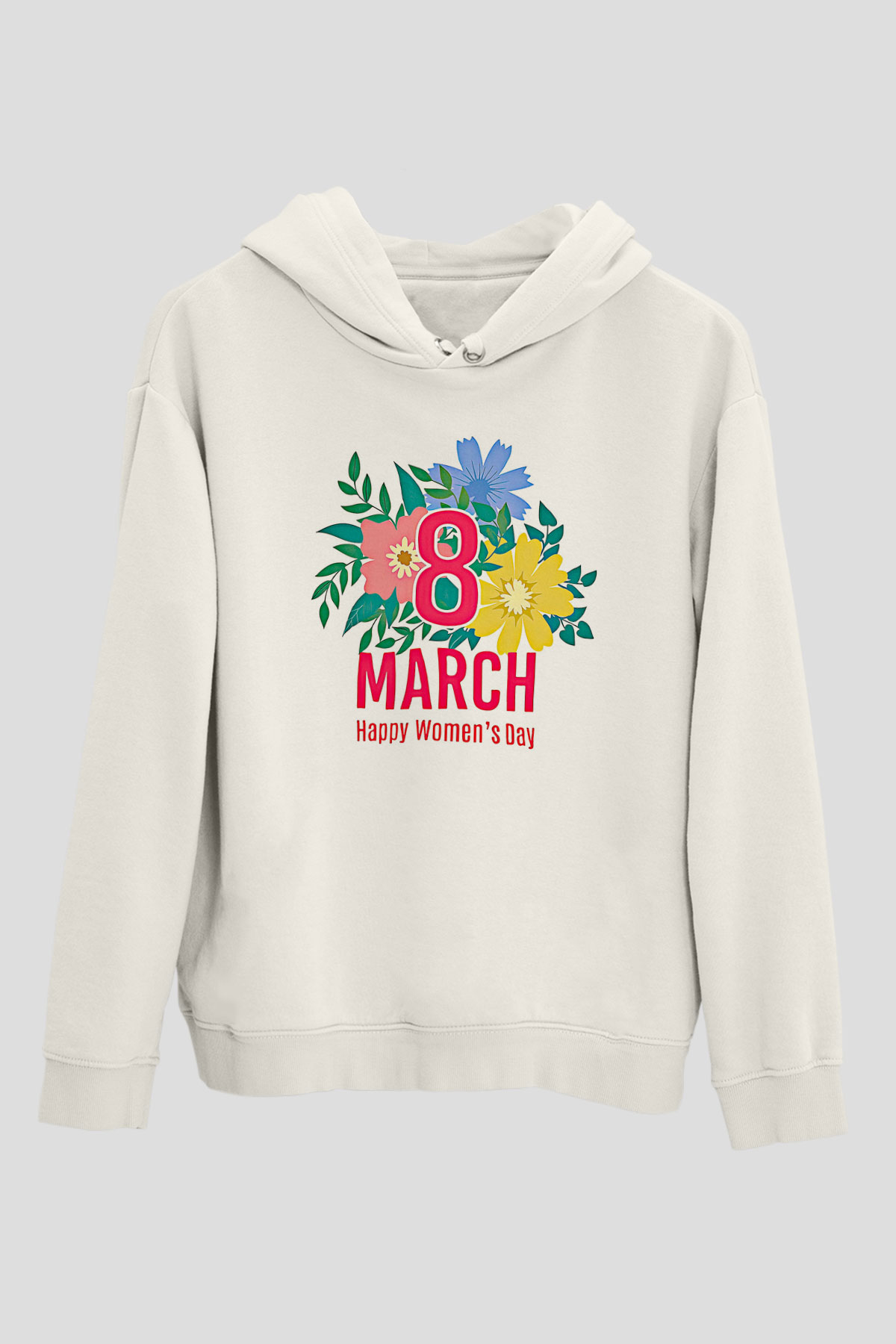 Kadınlar Günü Baskılı Beyaz Unisex Kapüşonlu Sweatshirt