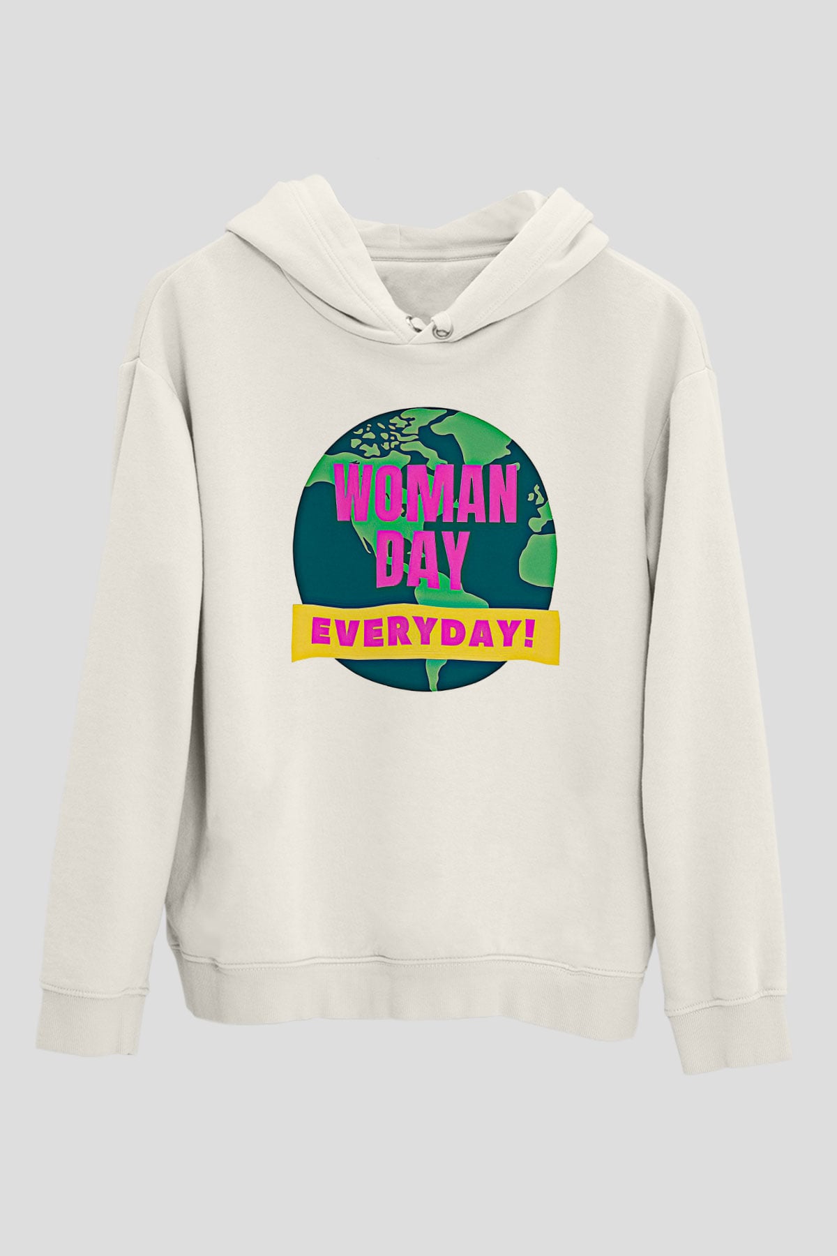 Kadınlar Günü Baskılı Beyaz Unisex Kapüşonlu Sweatshirt