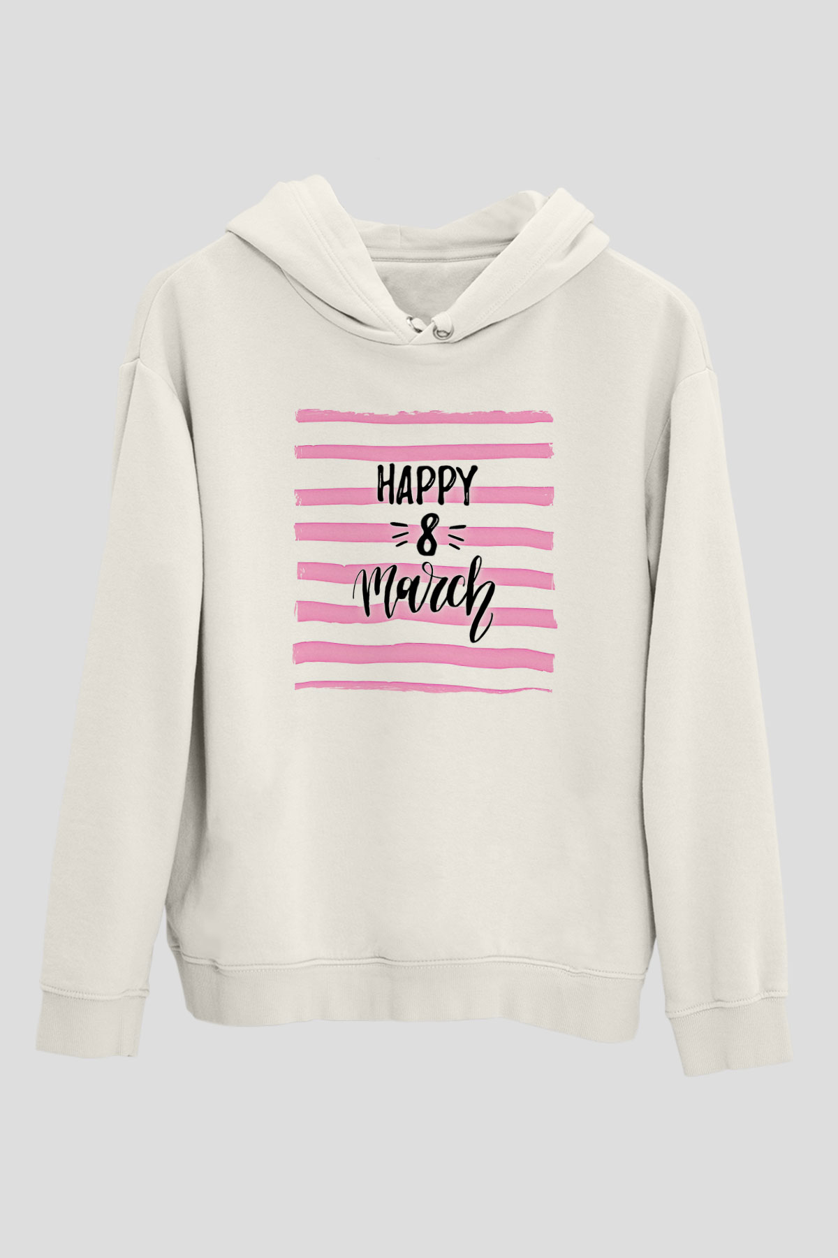 Kadınlar Günü Baskılı Beyaz Unisex Kapüşonlu Sweatshirt
