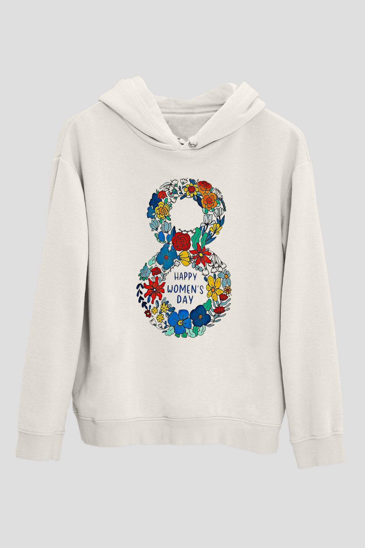 Kadınlar Günü Baskılı Beyaz Unisex Kapüşonlu Sweatshirt