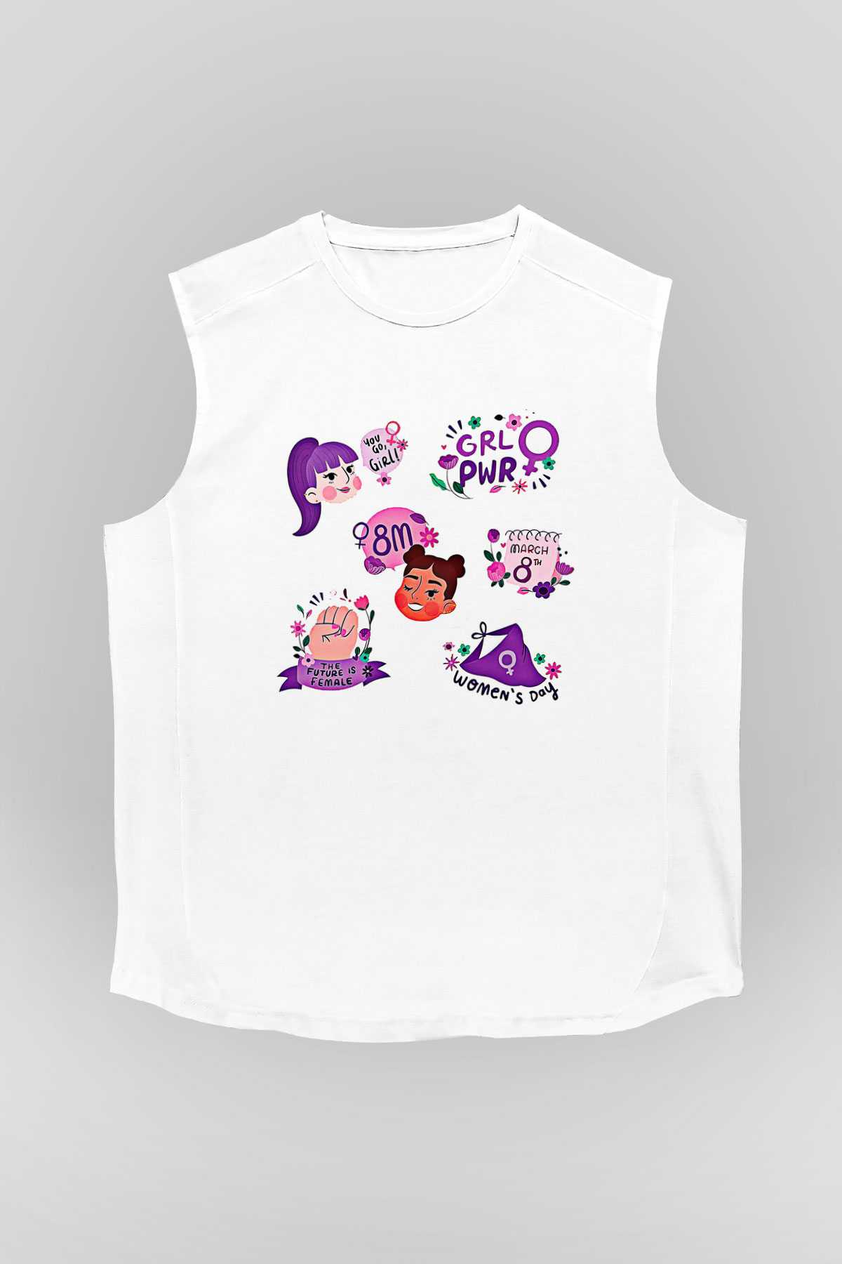 Kadınlar Günü Baskılı Beyaz Unisex Kolsuz Tişört - Tshirt