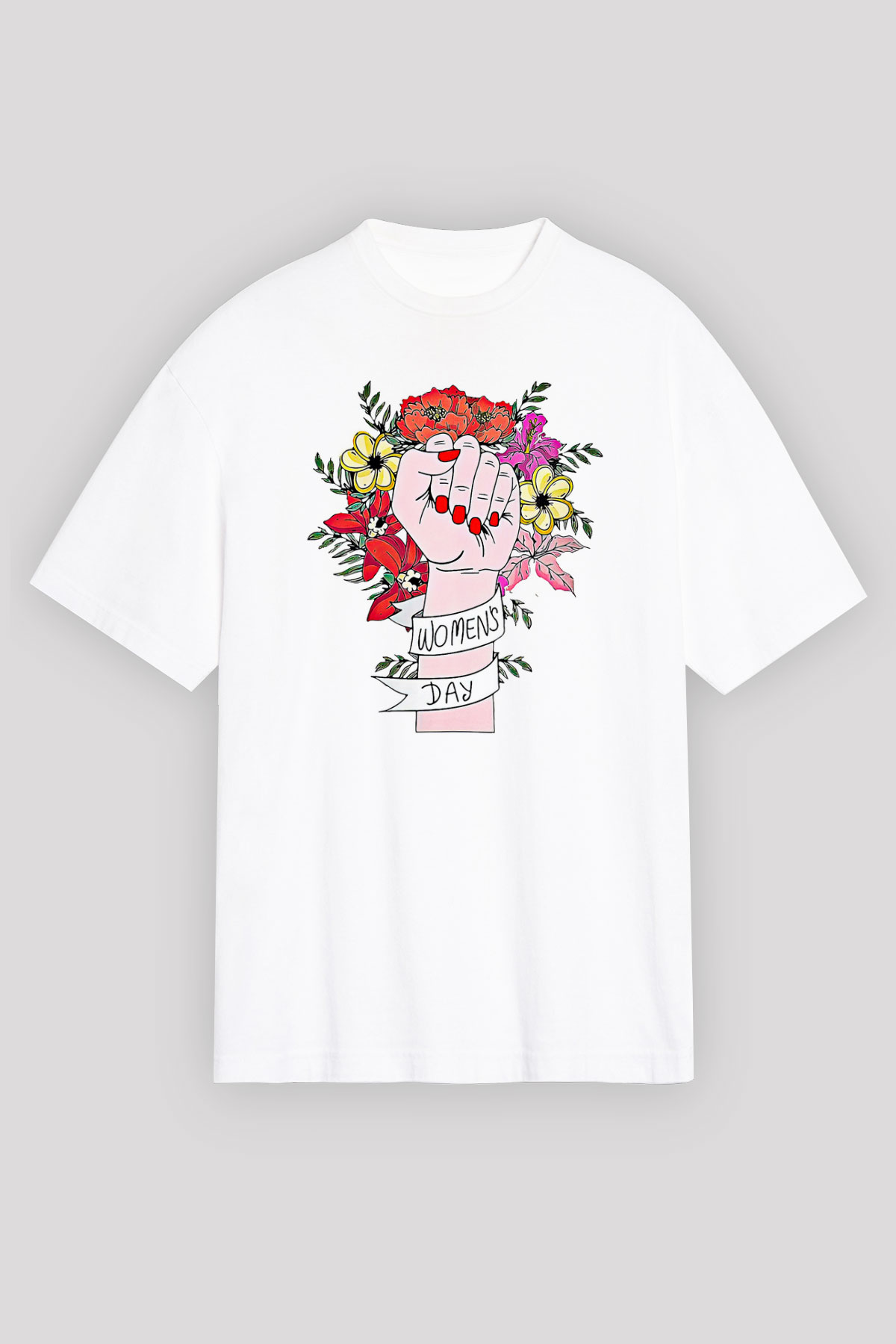 Kadınlar Günü Baskılı Beyaz Unisex Oversize Tişört - Tshirt