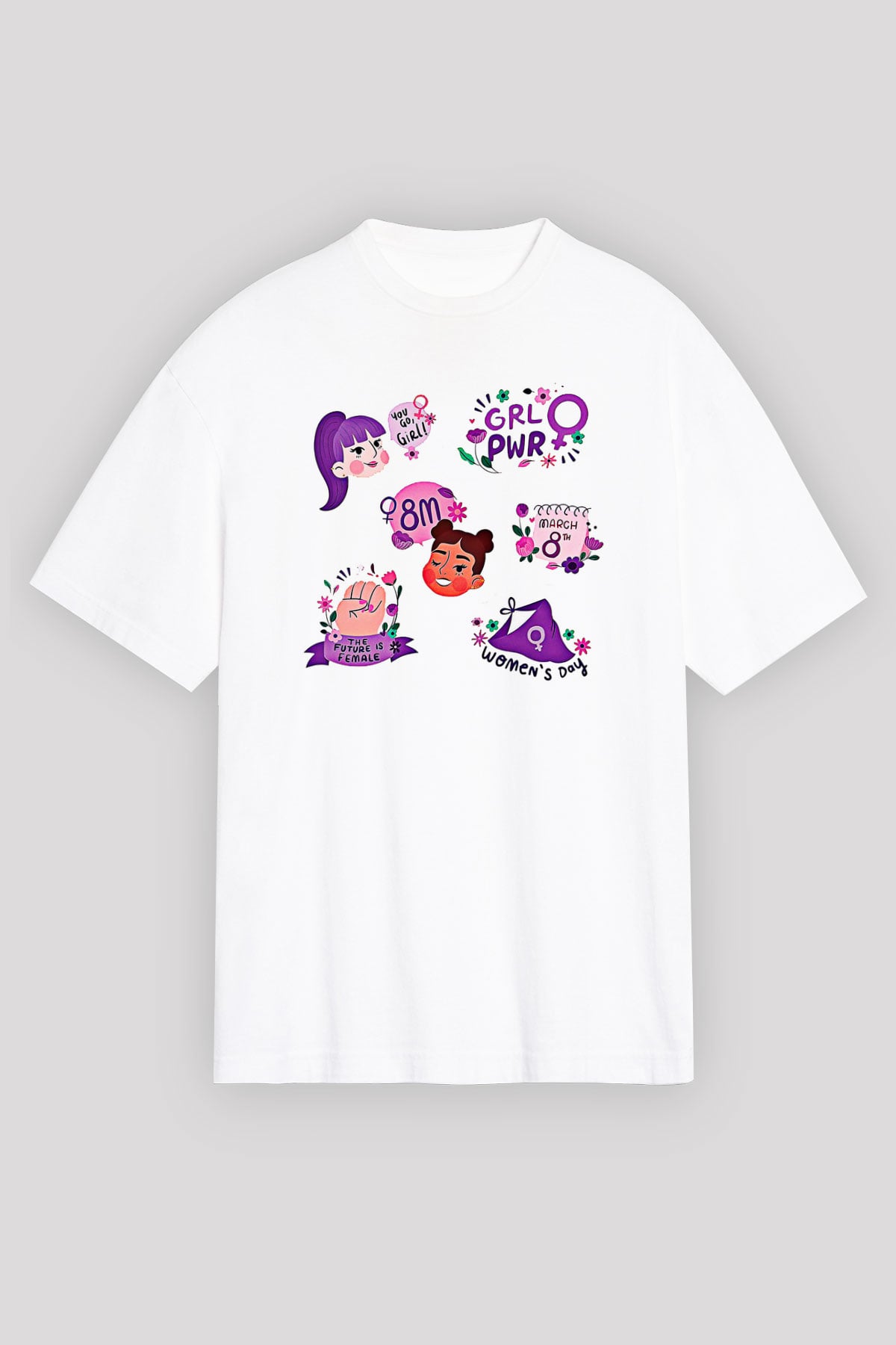 Kadınlar Günü Baskılı Beyaz Unisex Oversize Tişört - Tshirt