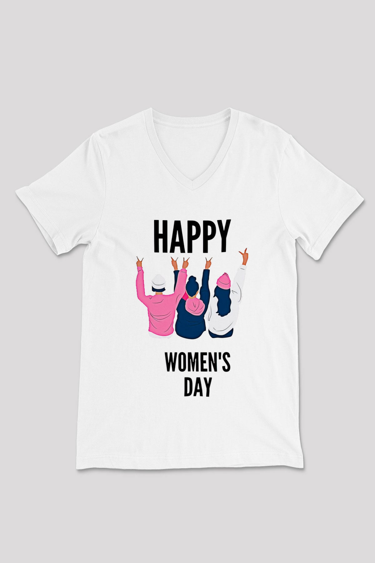 Kadınlar Günü Baskılı Beyaz Unisex V Yaka Tişört - Tshirt
