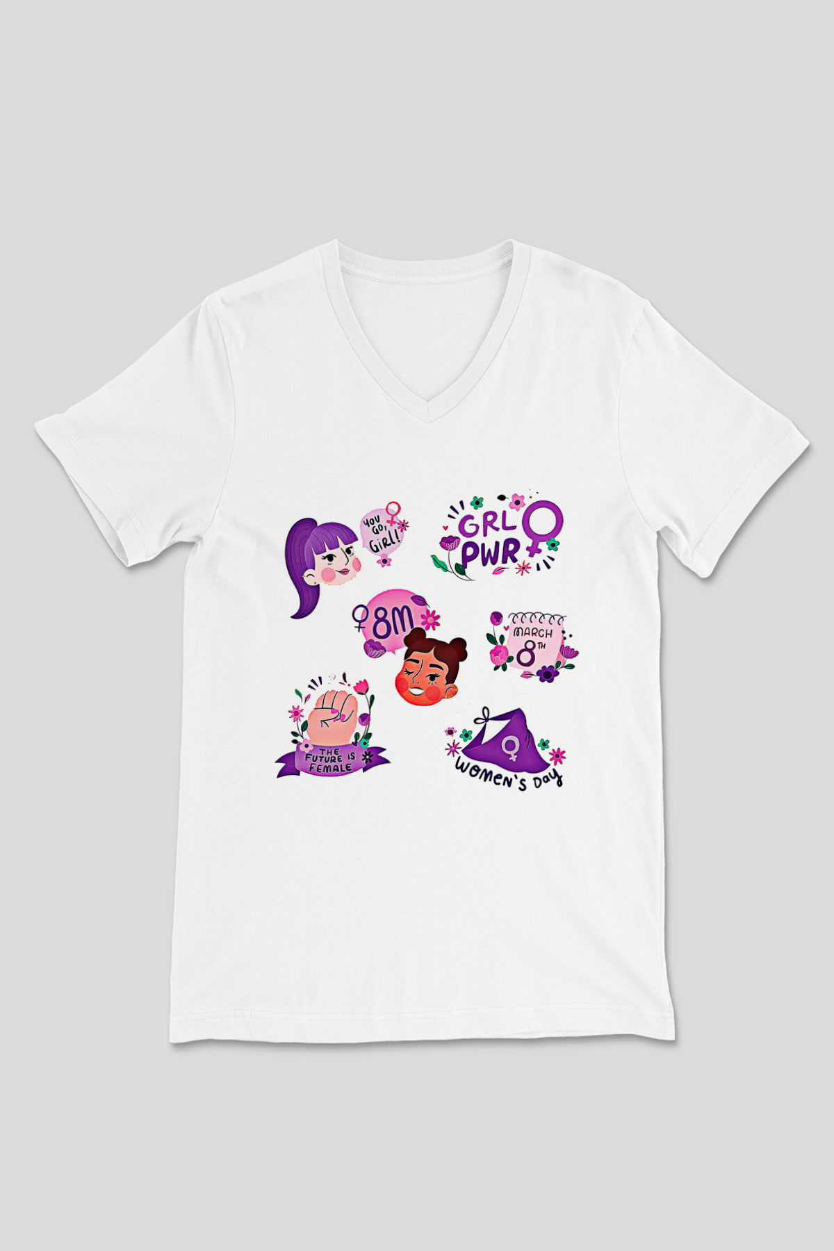 Kadınlar Günü Baskılı Beyaz Unisex V Yaka Tişört - Tshirt