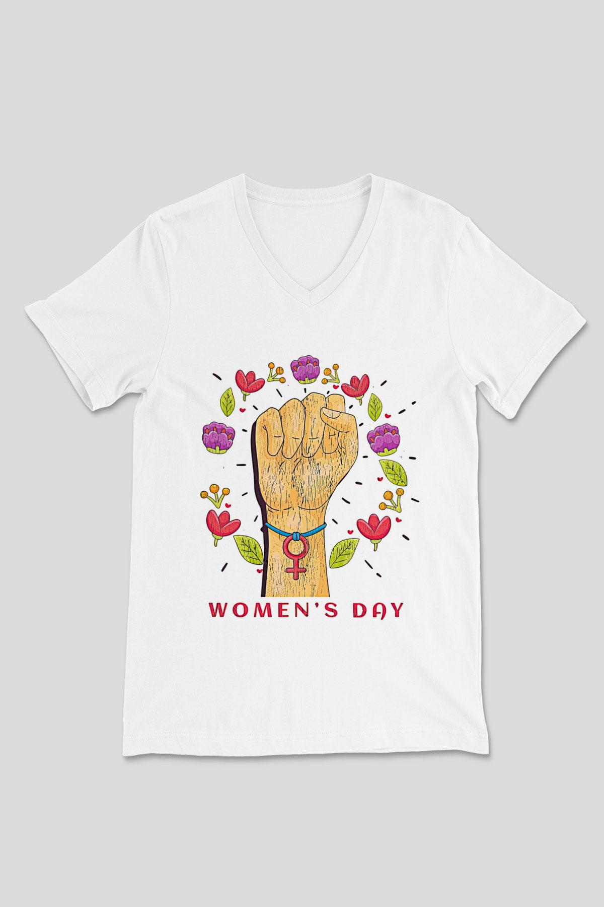 Kadınlar Günü Baskılı Beyaz Unisex V Yaka Tişört - Tshirt
