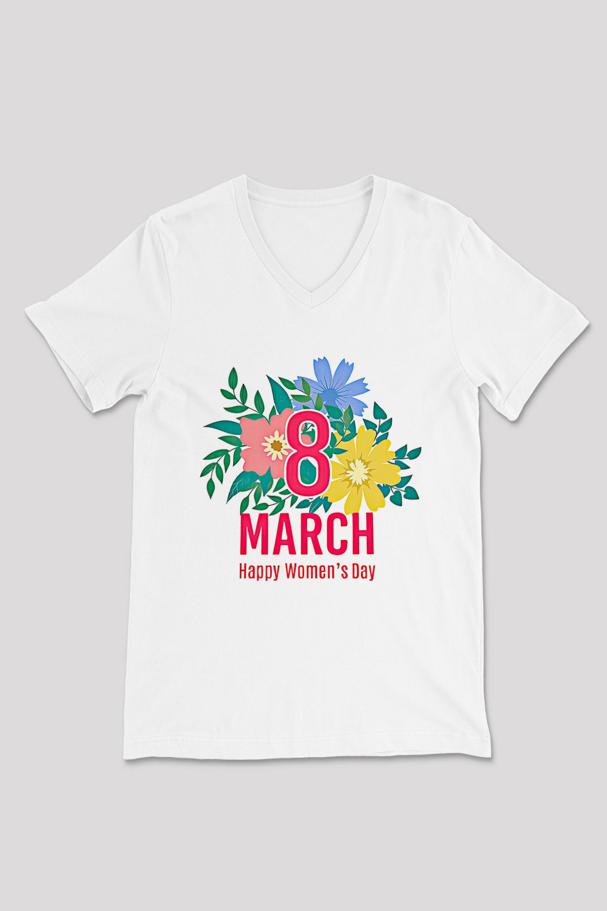 Kadınlar Günü Baskılı Beyaz Unisex V Yaka Tişört - Tshirt