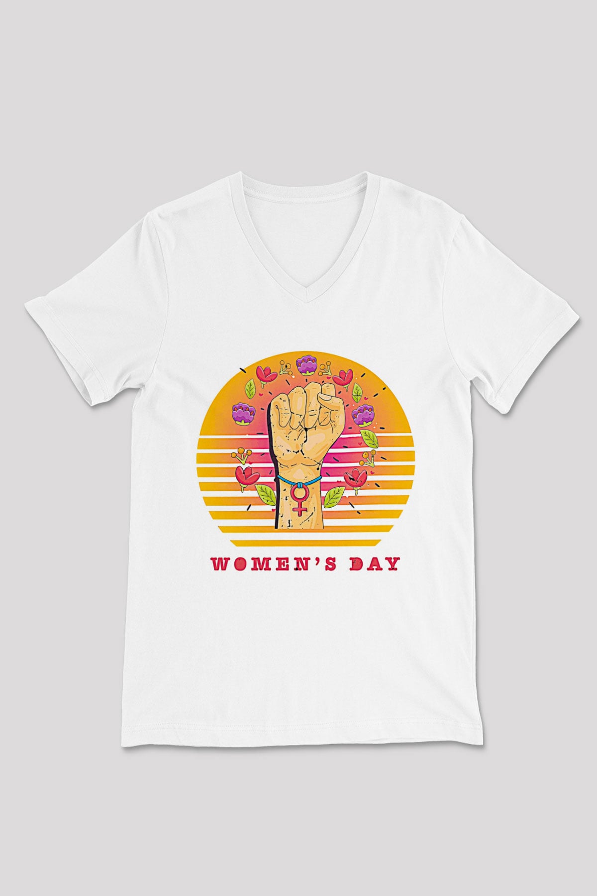 Kadınlar Günü Baskılı Beyaz Unisex V Yaka Tişört - Tshirt
