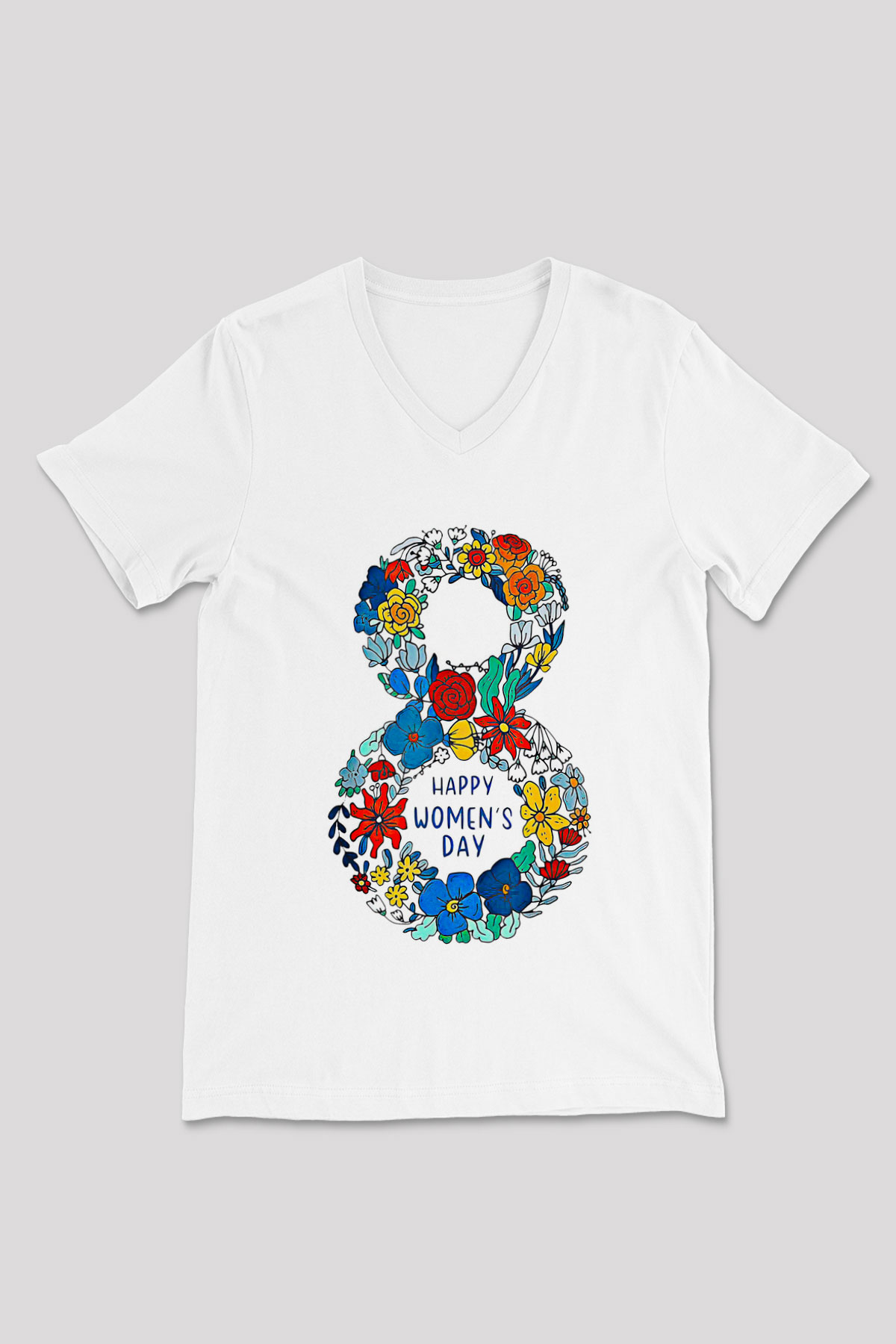 Kadınlar Günü Baskılı Beyaz Unisex V Yaka Tişört - Tshirt