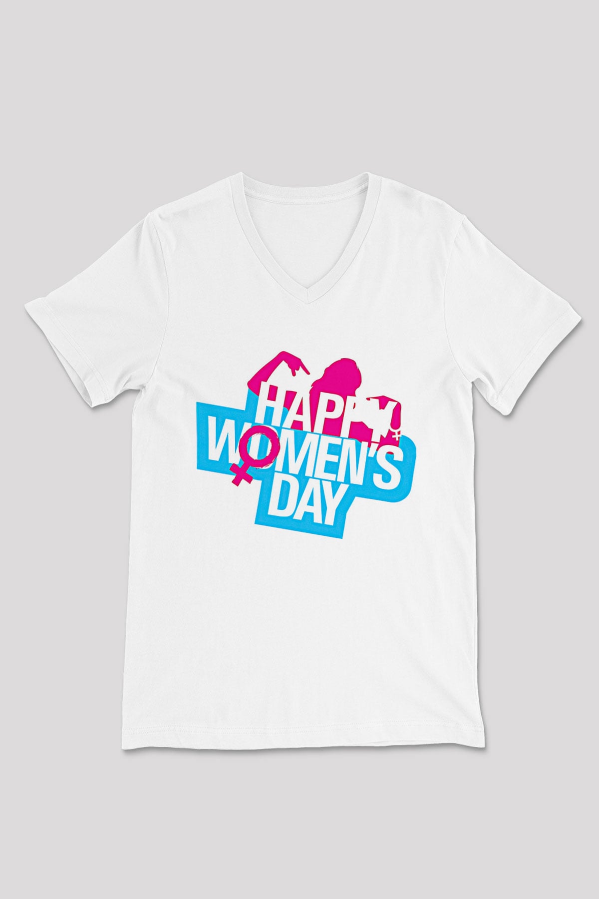 Kadınlar Günü Baskılı Beyaz Unisex V Yaka Tişört - Tshirt