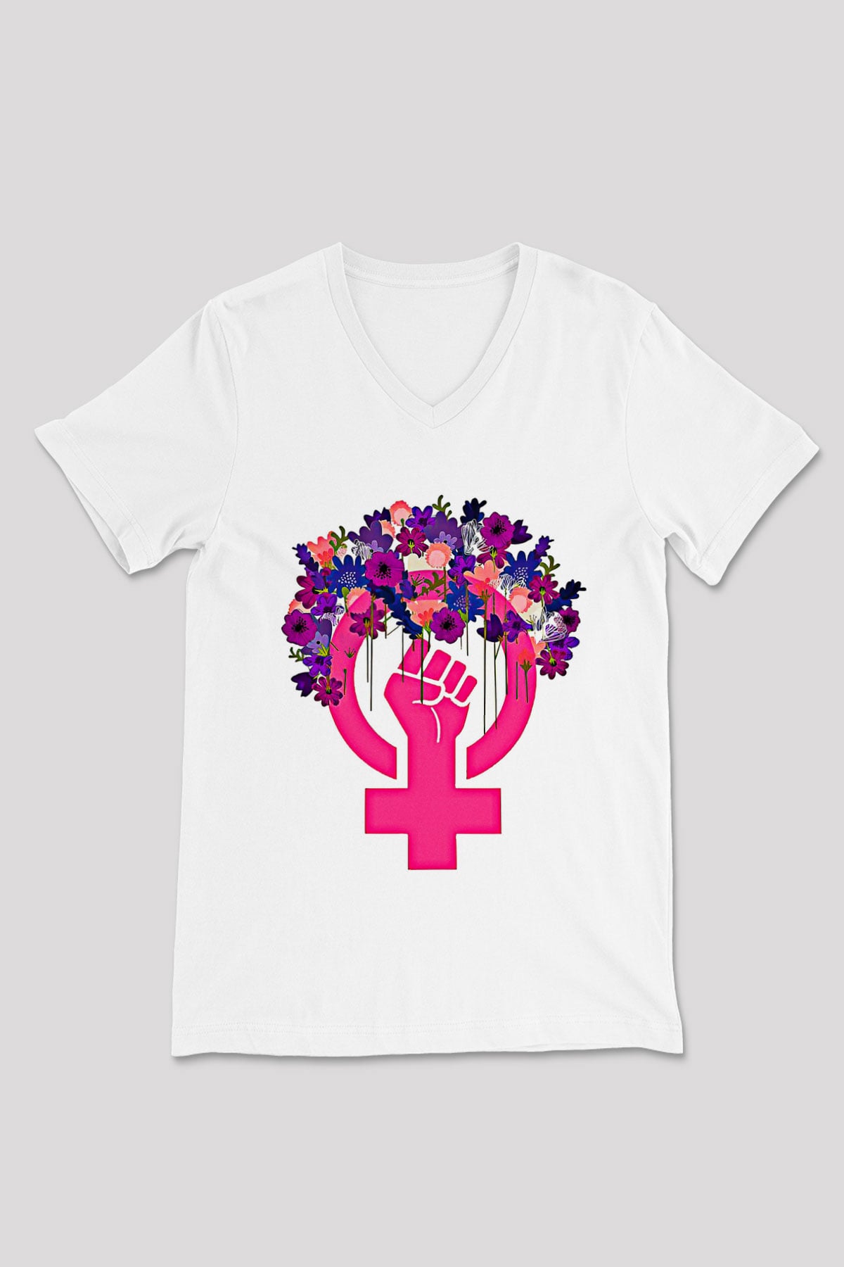 Kadınlar Günü Baskılı Beyaz Unisex V Yaka Tişört - Tshirt