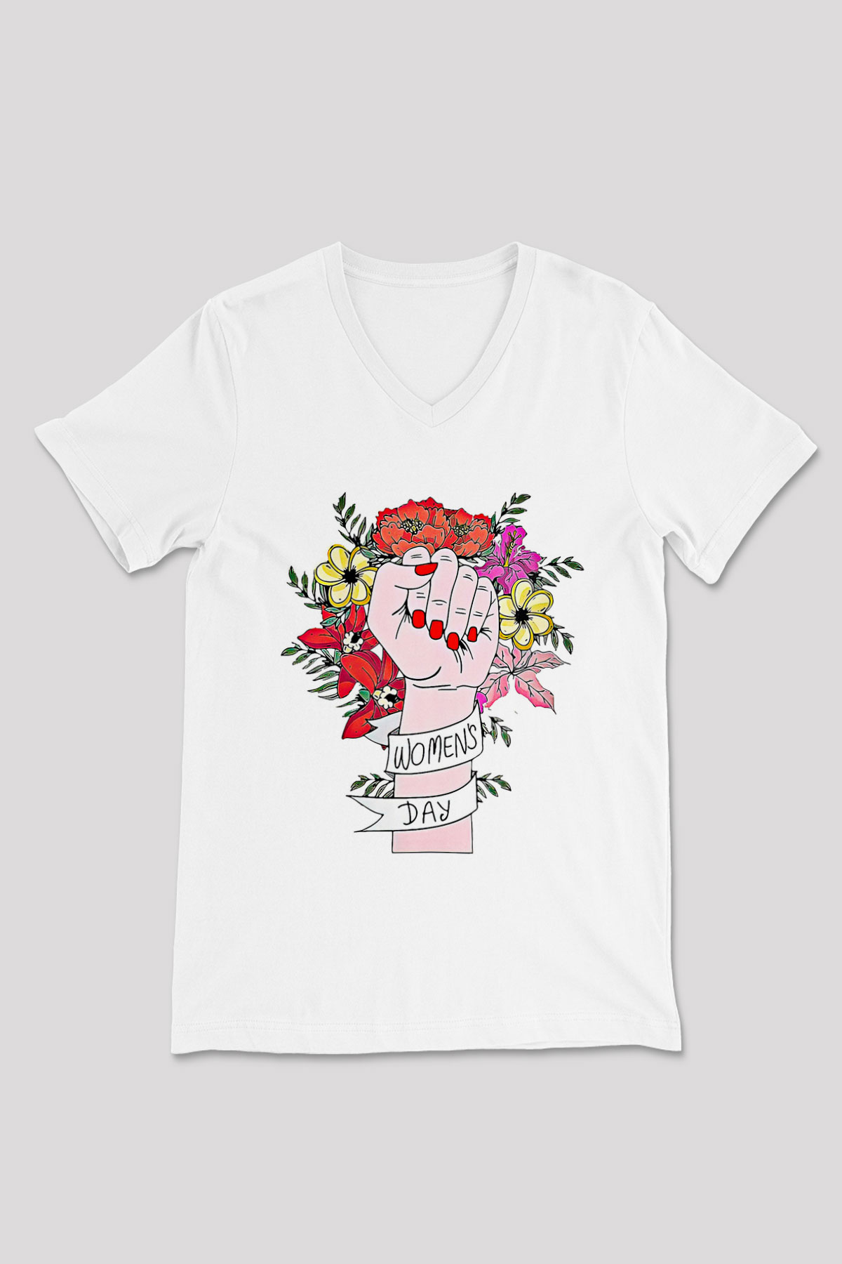 Kadınlar Günü Baskılı Beyaz Unisex V Yaka Tişört - Tshirt