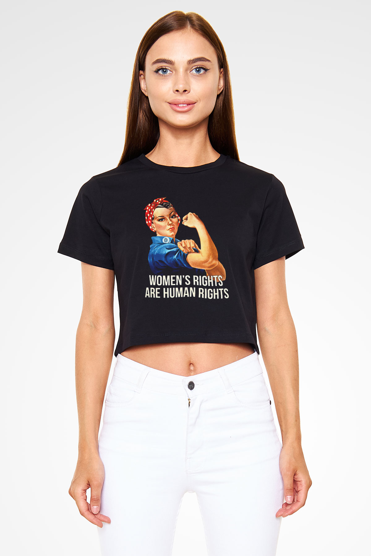 Kadınlar Günü Baskılı Siyah Crop Top Kadın Tişört - Tshirt